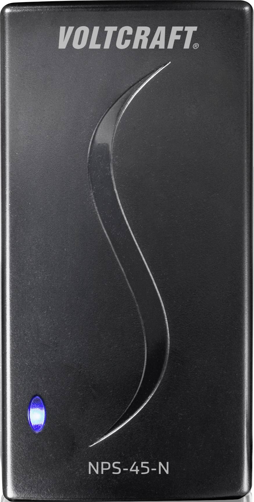 Black power supply with blue LED light and the inscription 'VOLTCRAFT NPS-45-N'.Note: In this case, the translation is essentially identical to the original text, as technical product descriptions tend to remain consistent across languages.