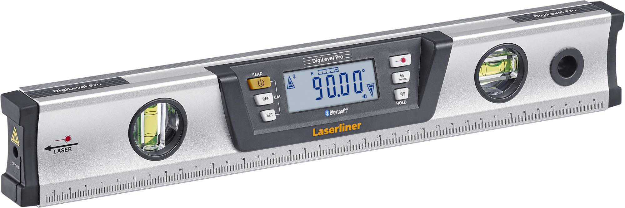 Digital angle gauge with LCD display in the centre, twin spirit levels and built-in ruler.