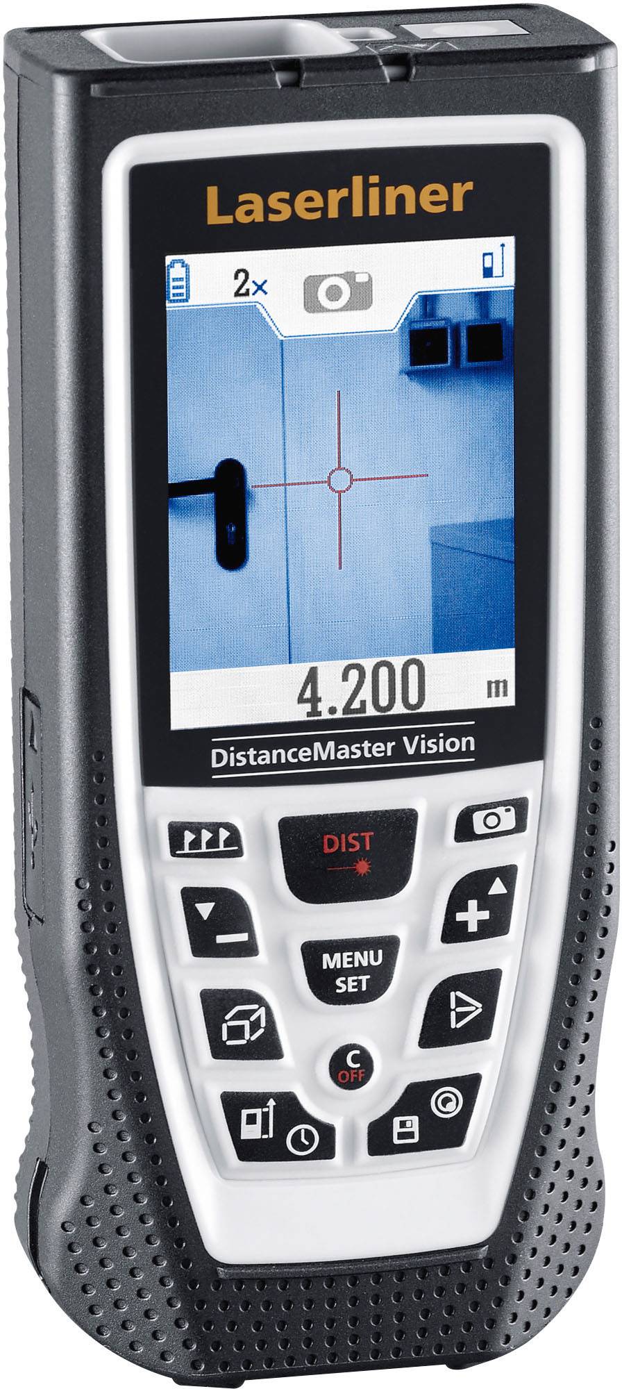A laser rangefinder with display shows a measurement of 4.200 metres. The device has several buttons for operation.