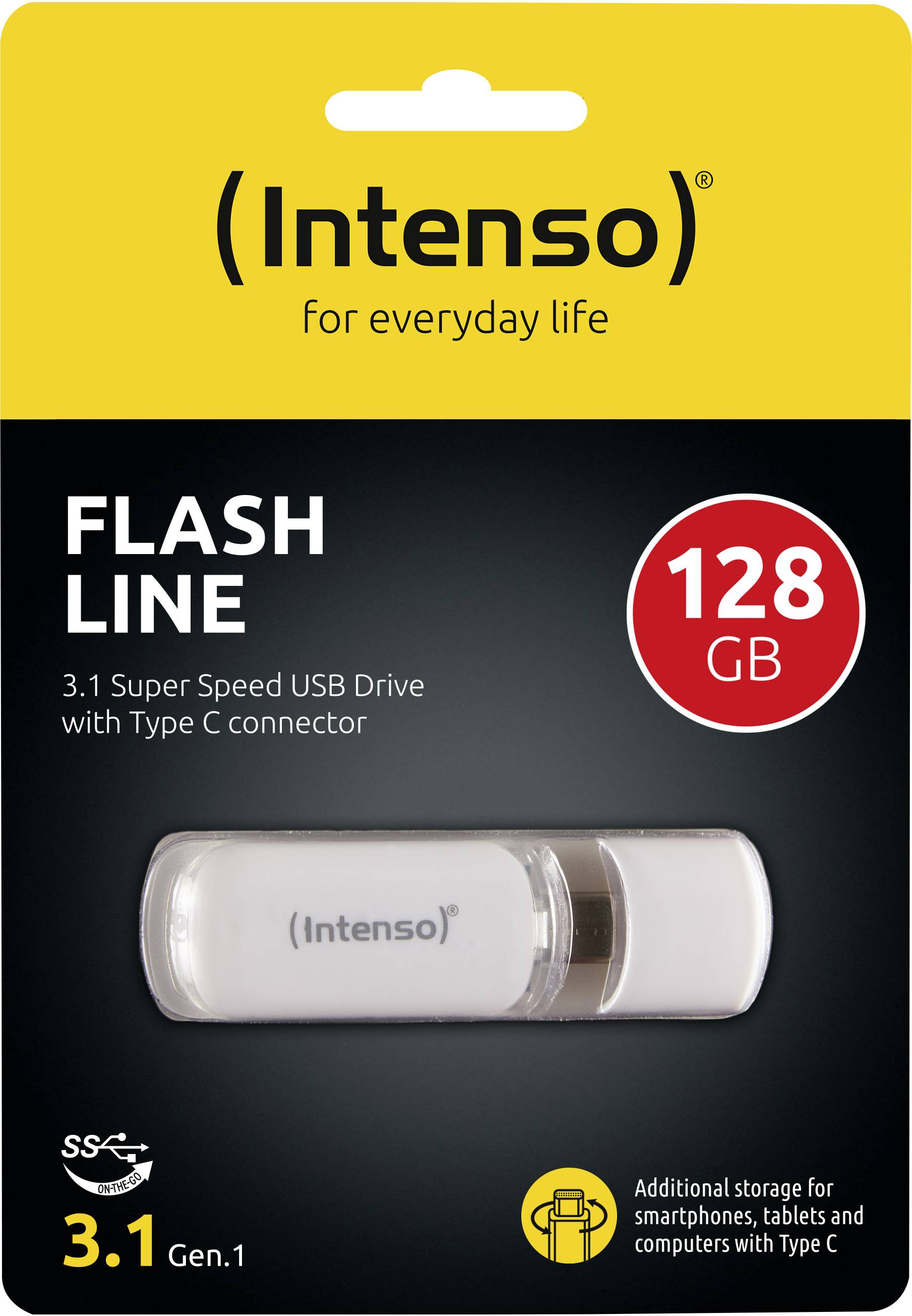 Intenso USB Flash Drive, 128 GB, Type C, high speed, compatible with smartphones, tablets and computers.