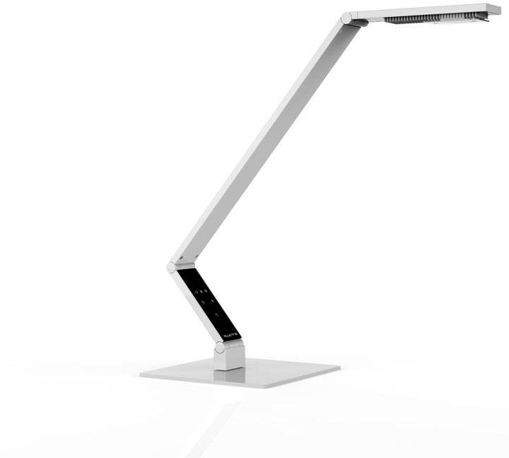 A modern, white table lamp with an adjustable arm and rectangular lampshade on a square base. Perfect for desk work.