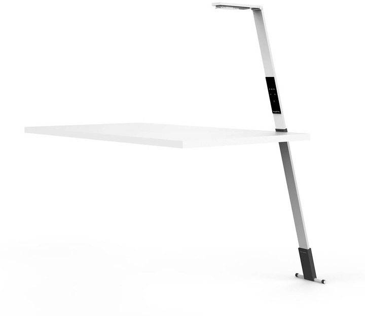 A modern, minimalist desk with an integrated lamp that runs along a sleek, angled leg.