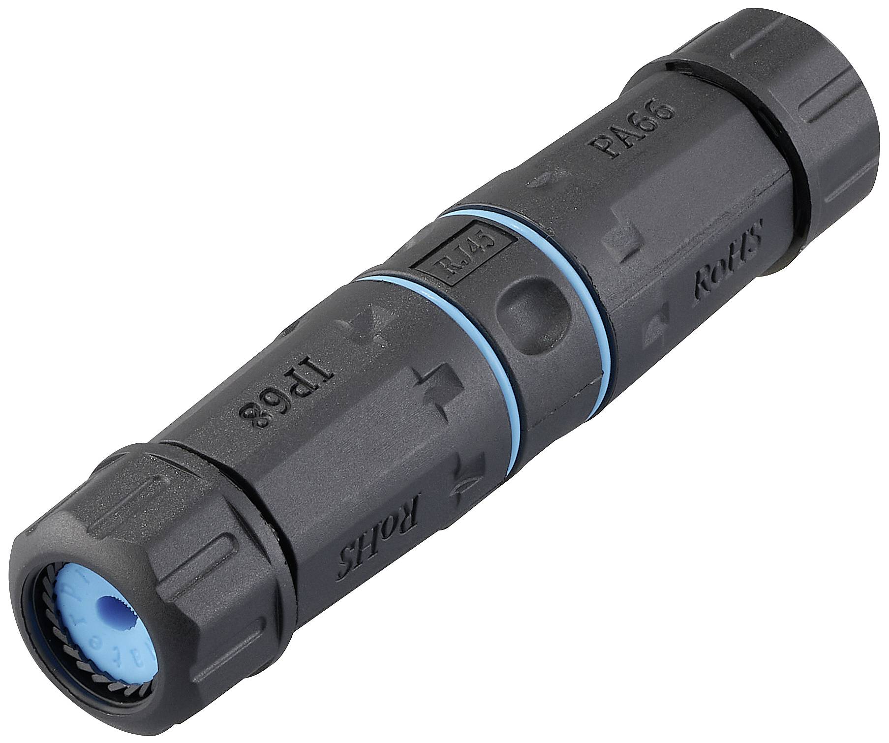 Pictured is a black, cylindrical connector with a blue seal and the inscription 'IP68'.