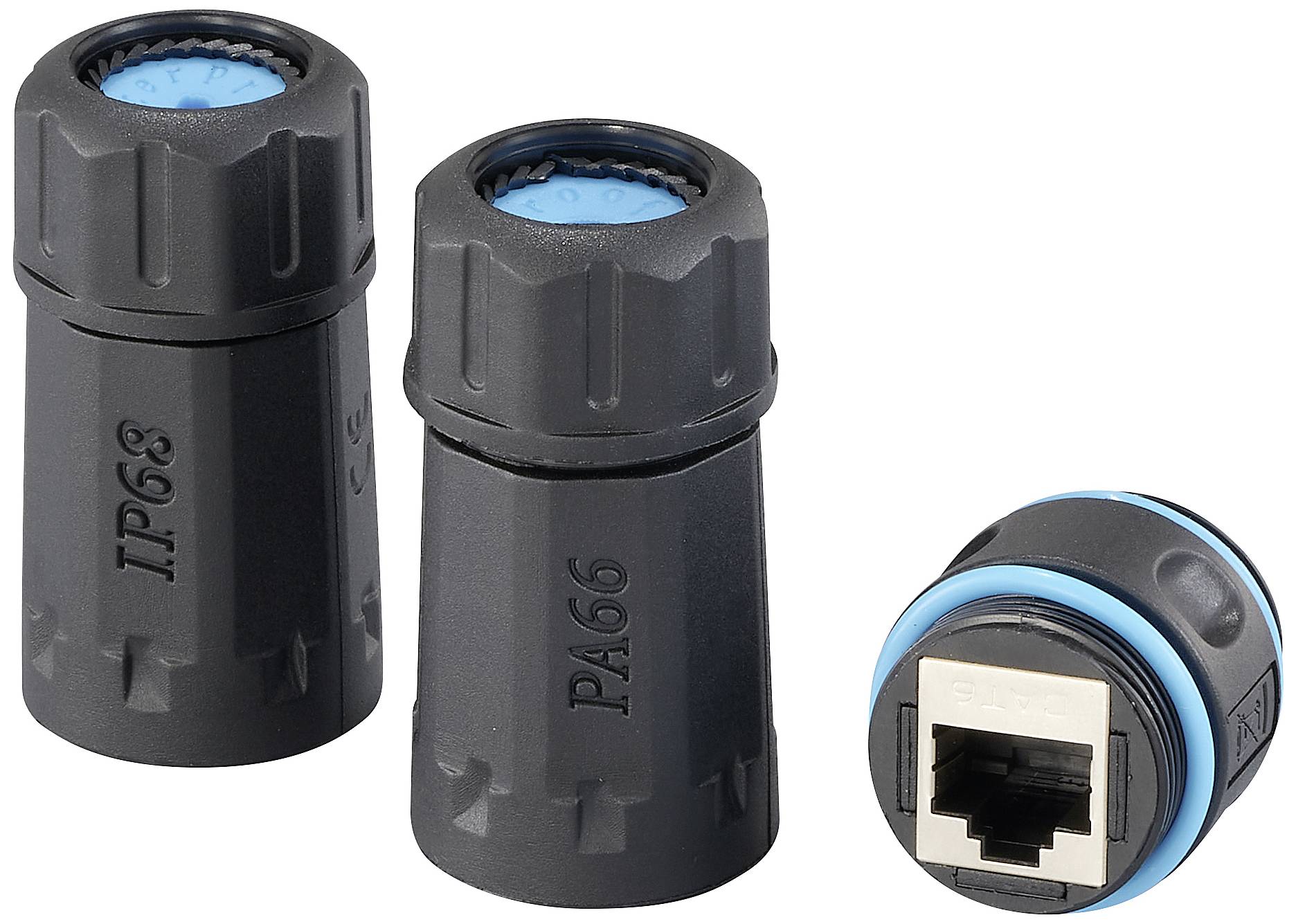 Three black cable glands, two standing and one lying down. The standing ones display markings 'IP68' and 'PA66'. The lying one shows the inner side with visible connections.