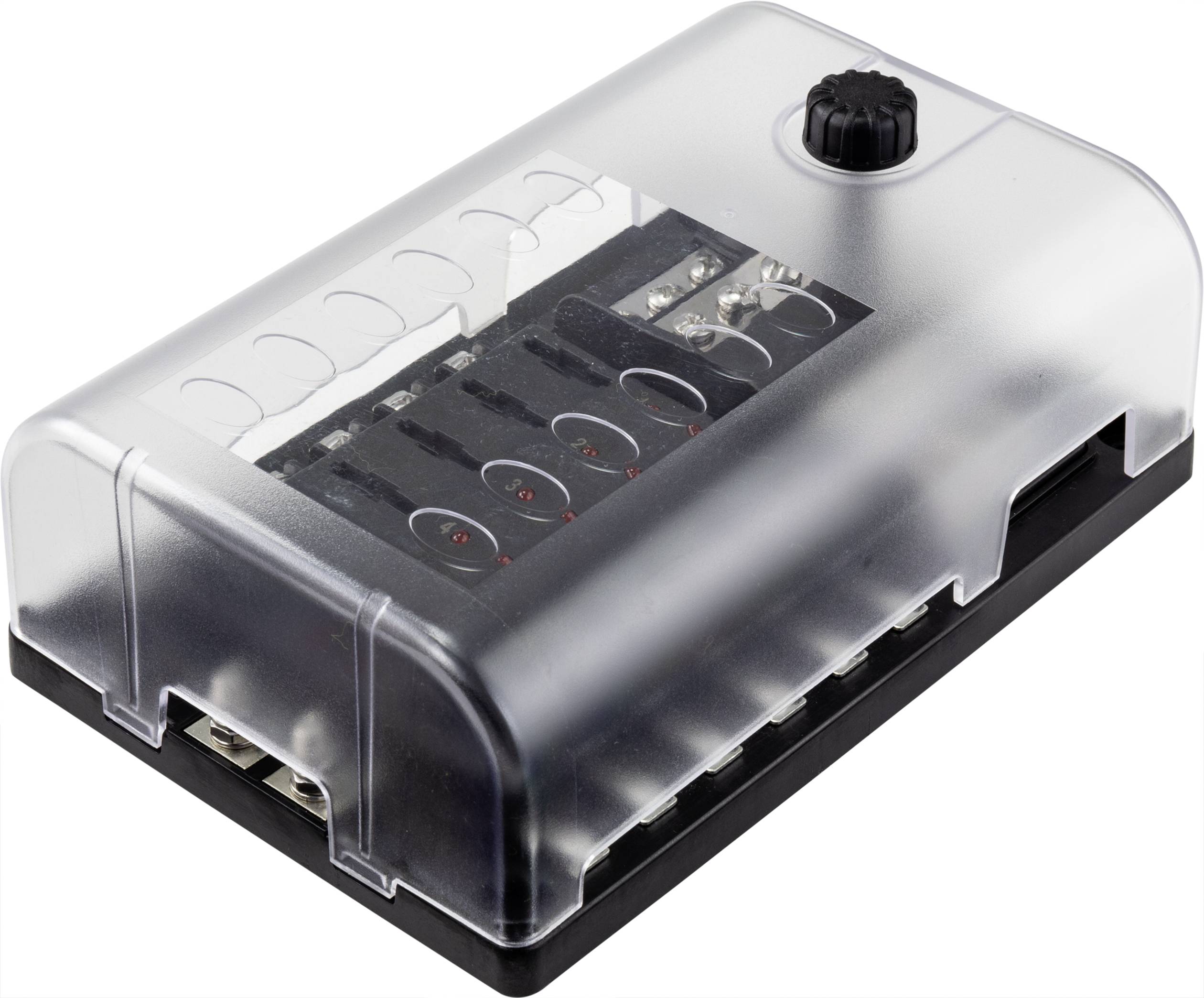 Transparent safety fuse box with a black base and five fuse slots, containing spare fuses and a fuse holder.