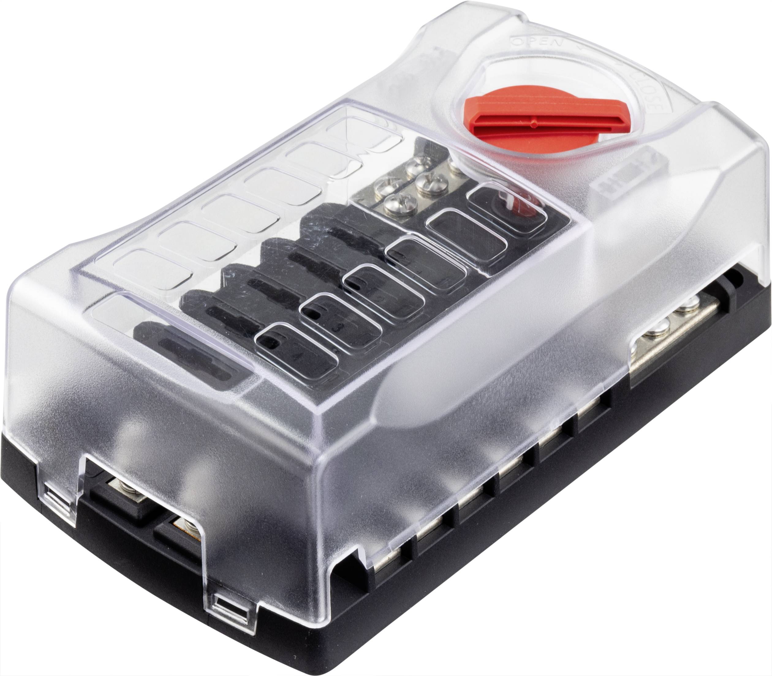 A transparent fuse holder with a red switch on a black base, suitable for use in electrical circuits.