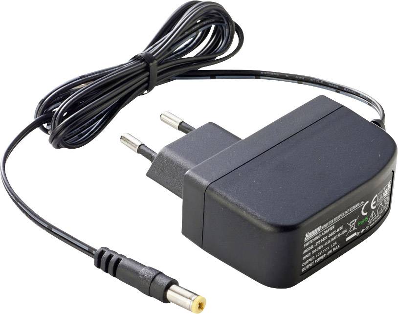 A black power supply with a European plug and a long cable, ending in a yellow round connector. Suitable for electronic devices.
