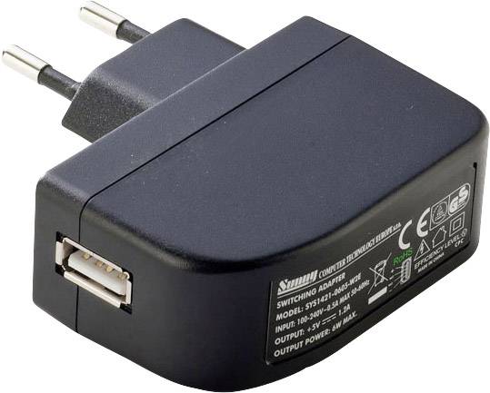 Black power adapter with UK plug and USB port, suitable for AC 100-240V, output specification 5V-2A.