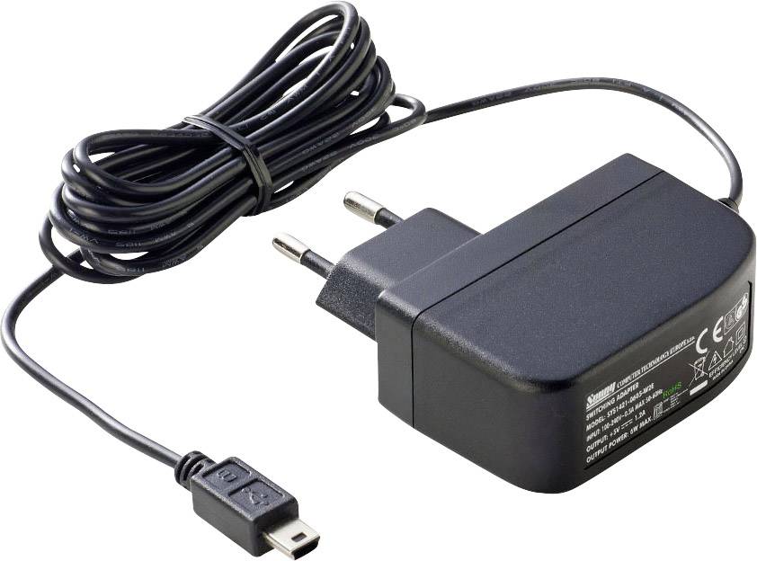 Black power adapter with European plug and a cable with mini-USB connector, suitable for electronic devices.
