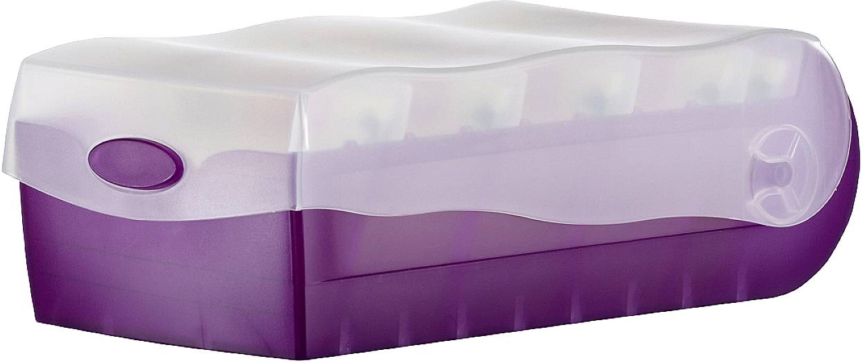 Lilac rectangular plastic storage box with a transparent lid and a ridged surface. Suitable for storing small items.