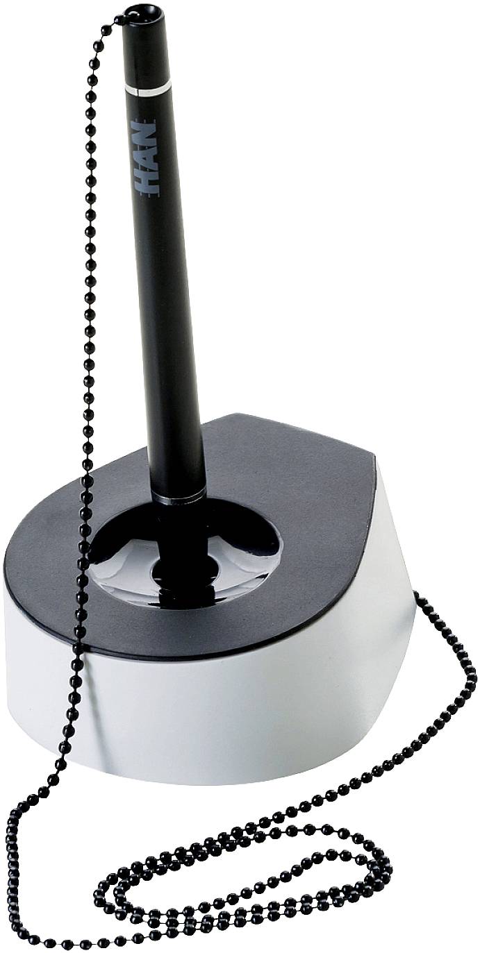 Black ballpoint pen in a silver stand, connected with a black metal chain. Ideal for desktop use.