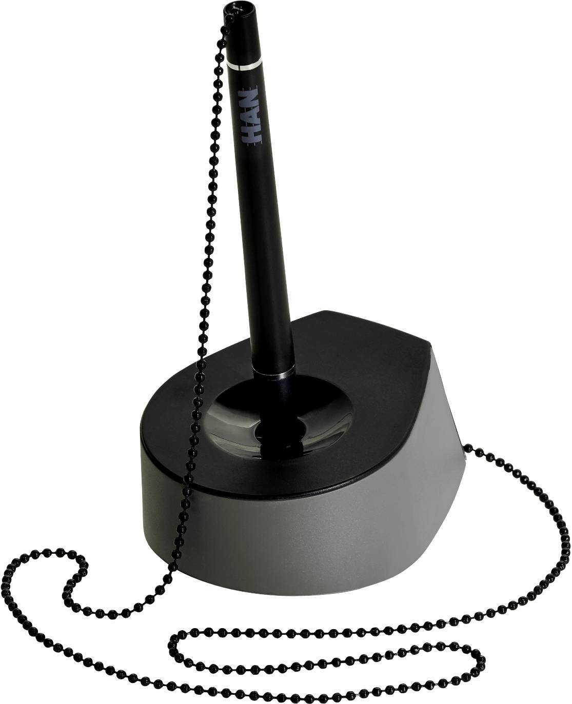 A black ballpoint pen is secured in a grey, rounded pen holder. A chain connects the pen to the holder.