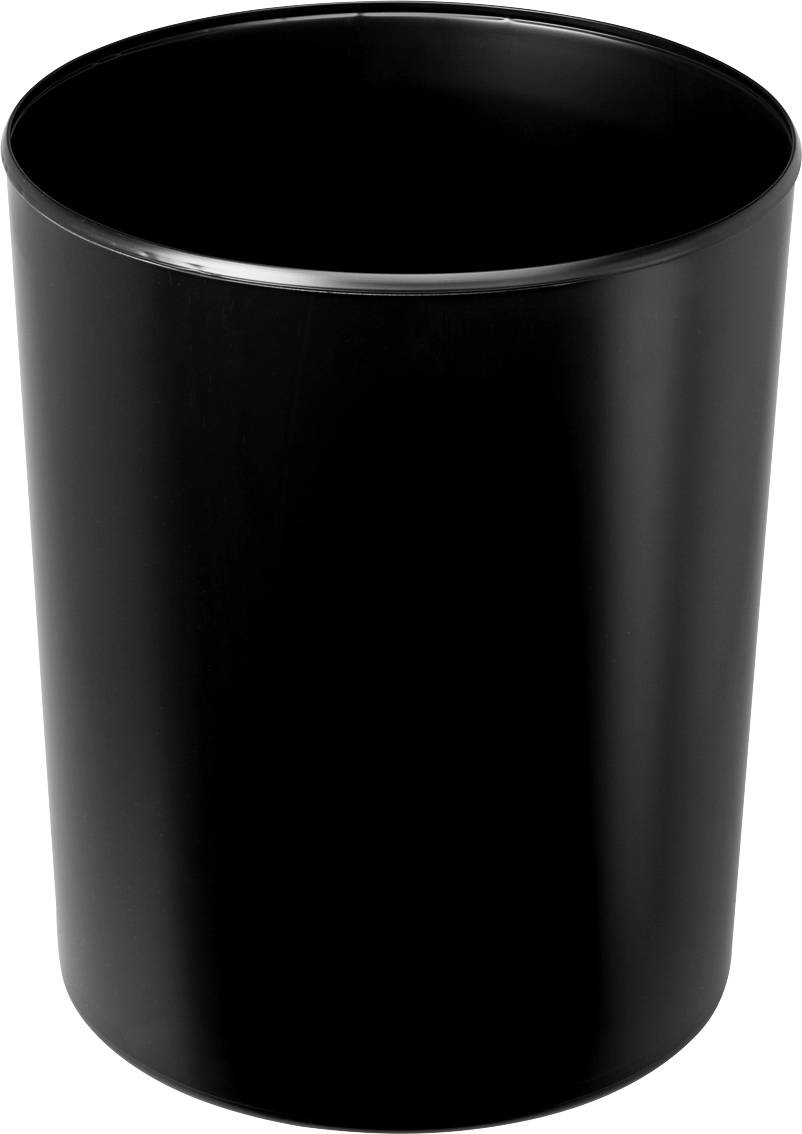A black, cylindrical waste bin with a smooth surface.