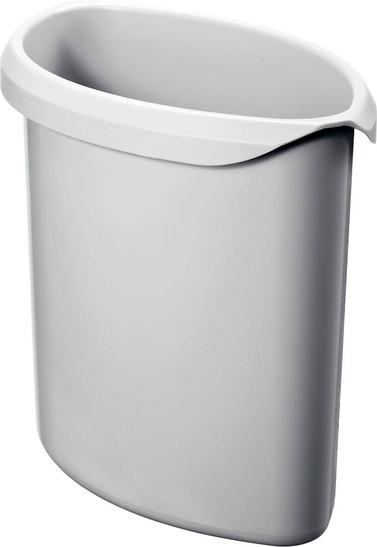 Grey, oval bin with an angled rim.