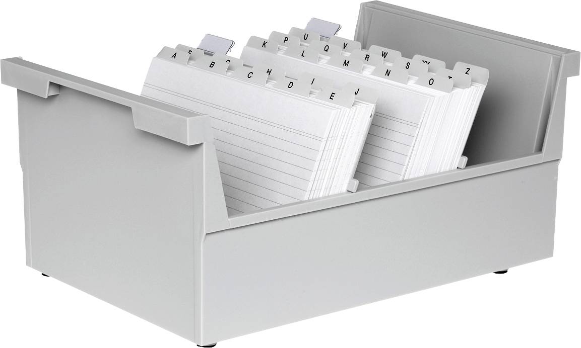 An open grey index card box with alphabetically sorted dividers and blank cards.