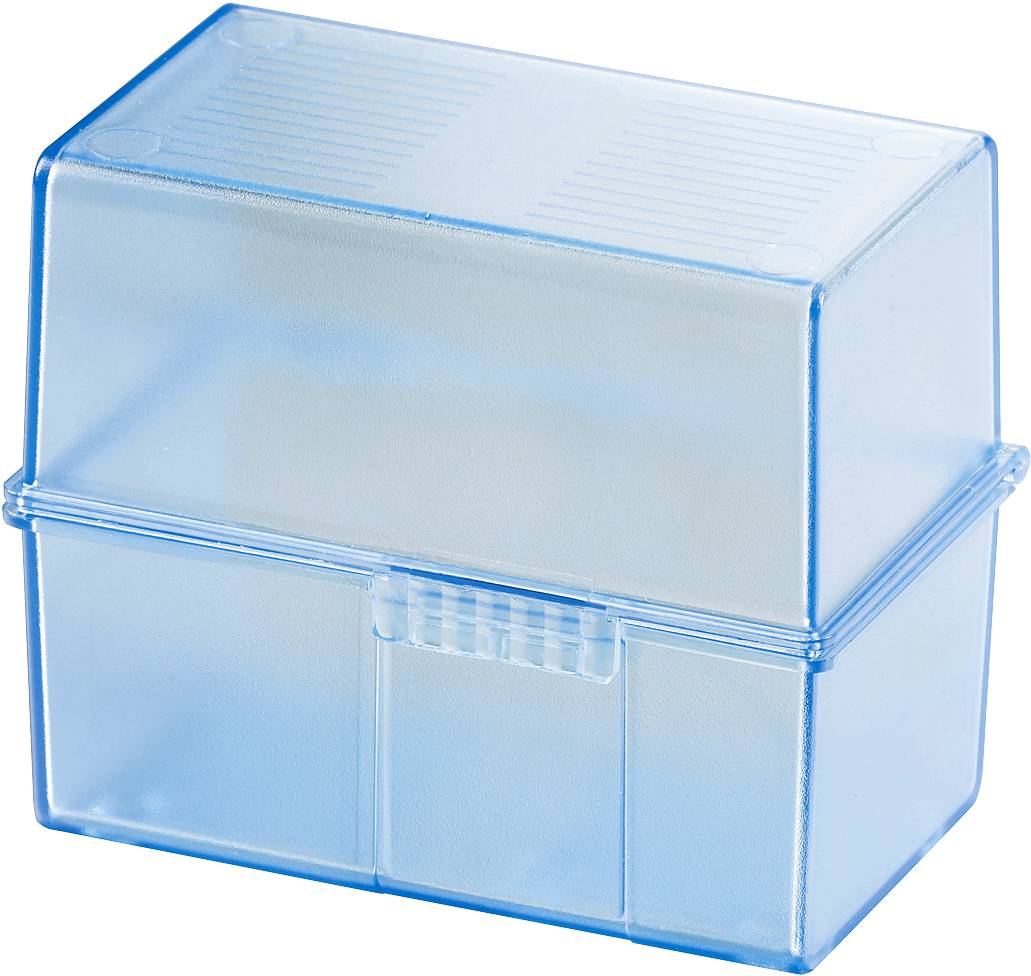 Rectangular, transparent blue plastic container with a removable lid, suitable for storing small items.