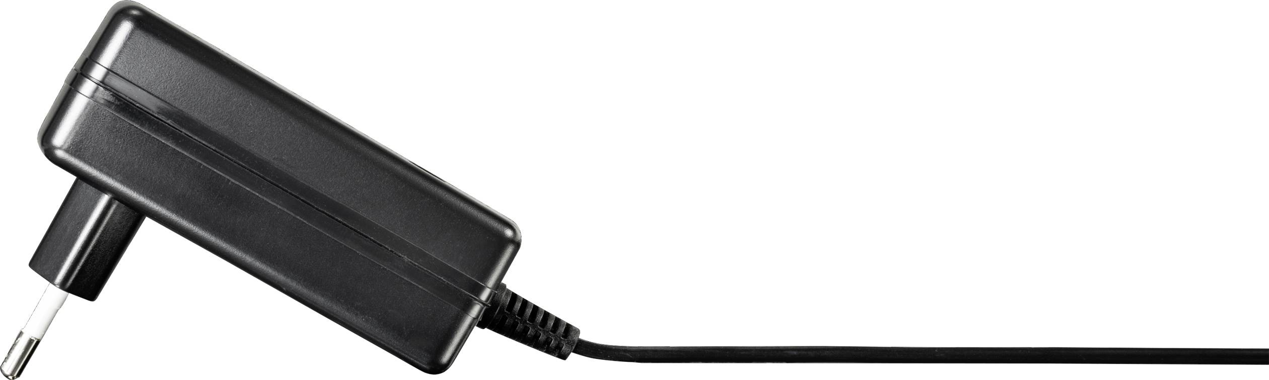 Black power cable with a diagonal orientation across the image. Suitable for charging electronic devices.