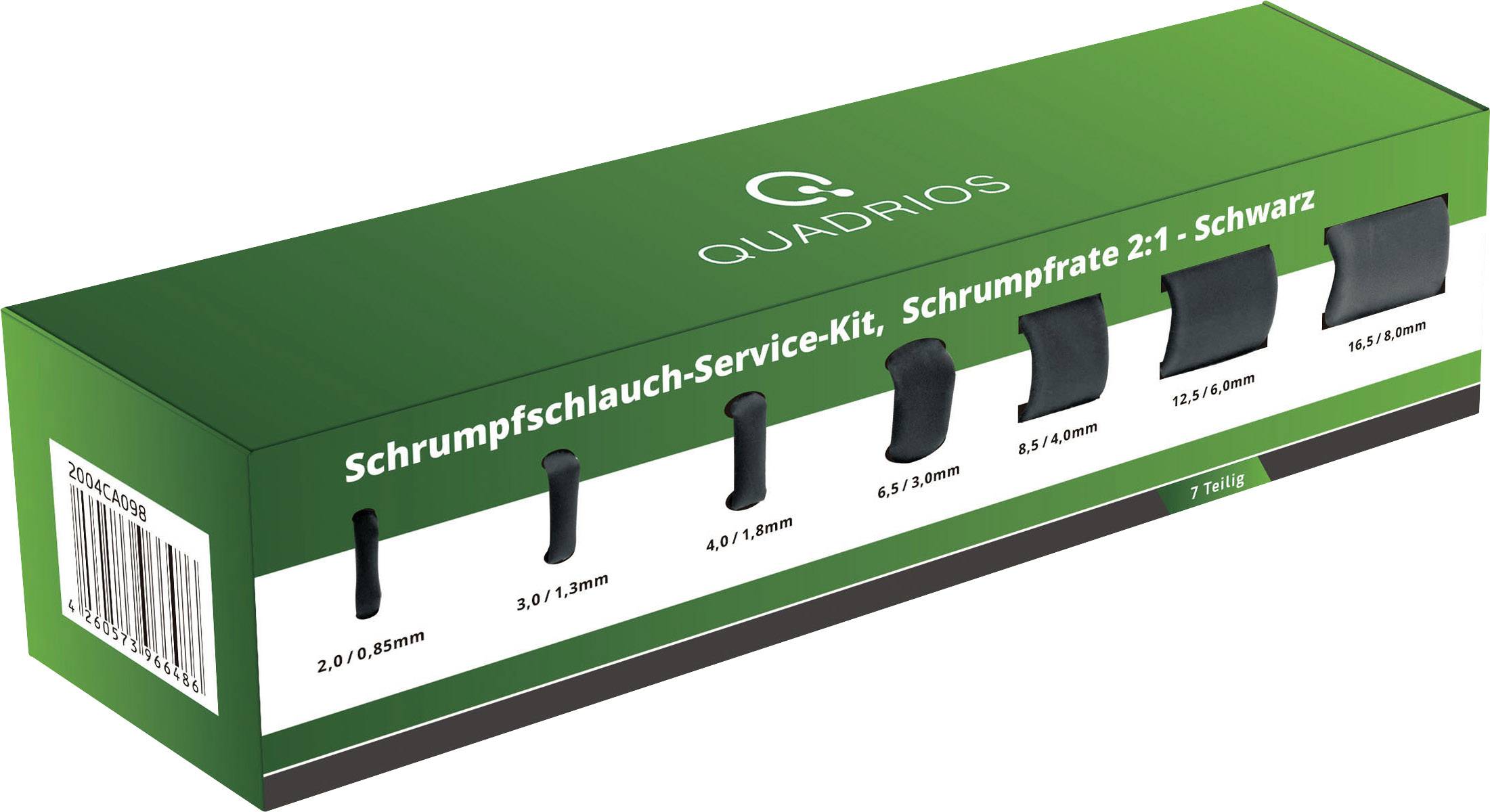 'Quadrios Heat Shrink Tube Service Kit, Shrink Ratio 2:1 - Black', shows six black tubes of different sizes.