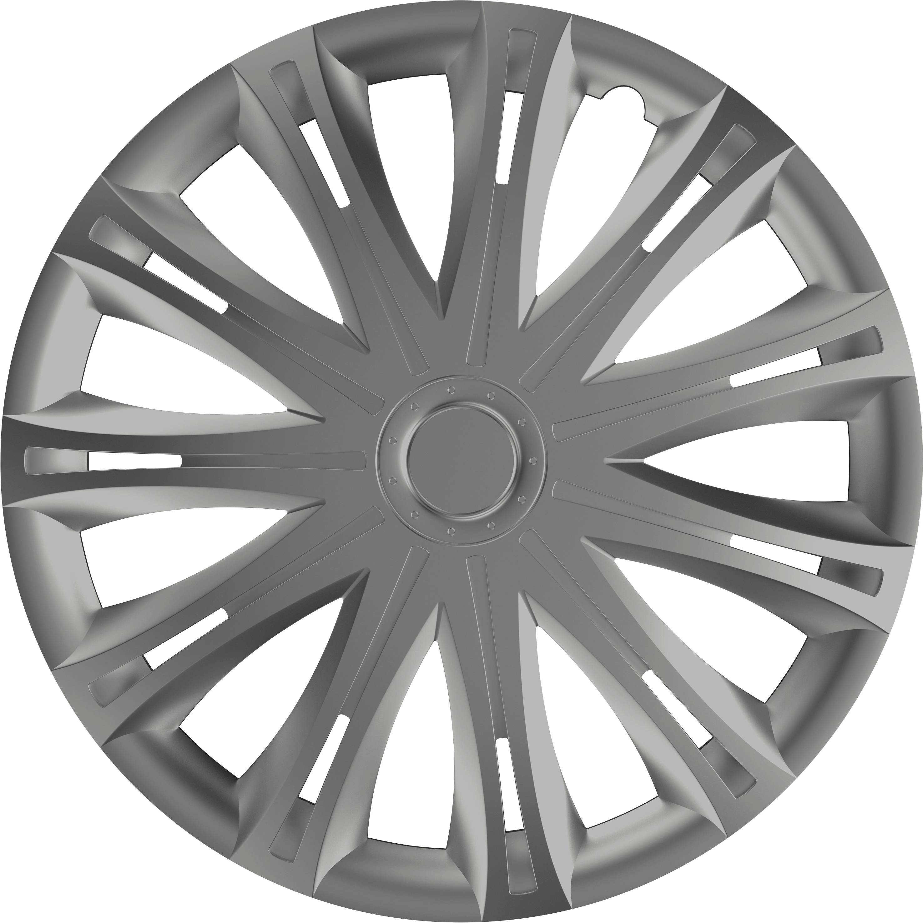 A single silver-grey wheel trim with a spoke-like design in a symmetrical pattern.