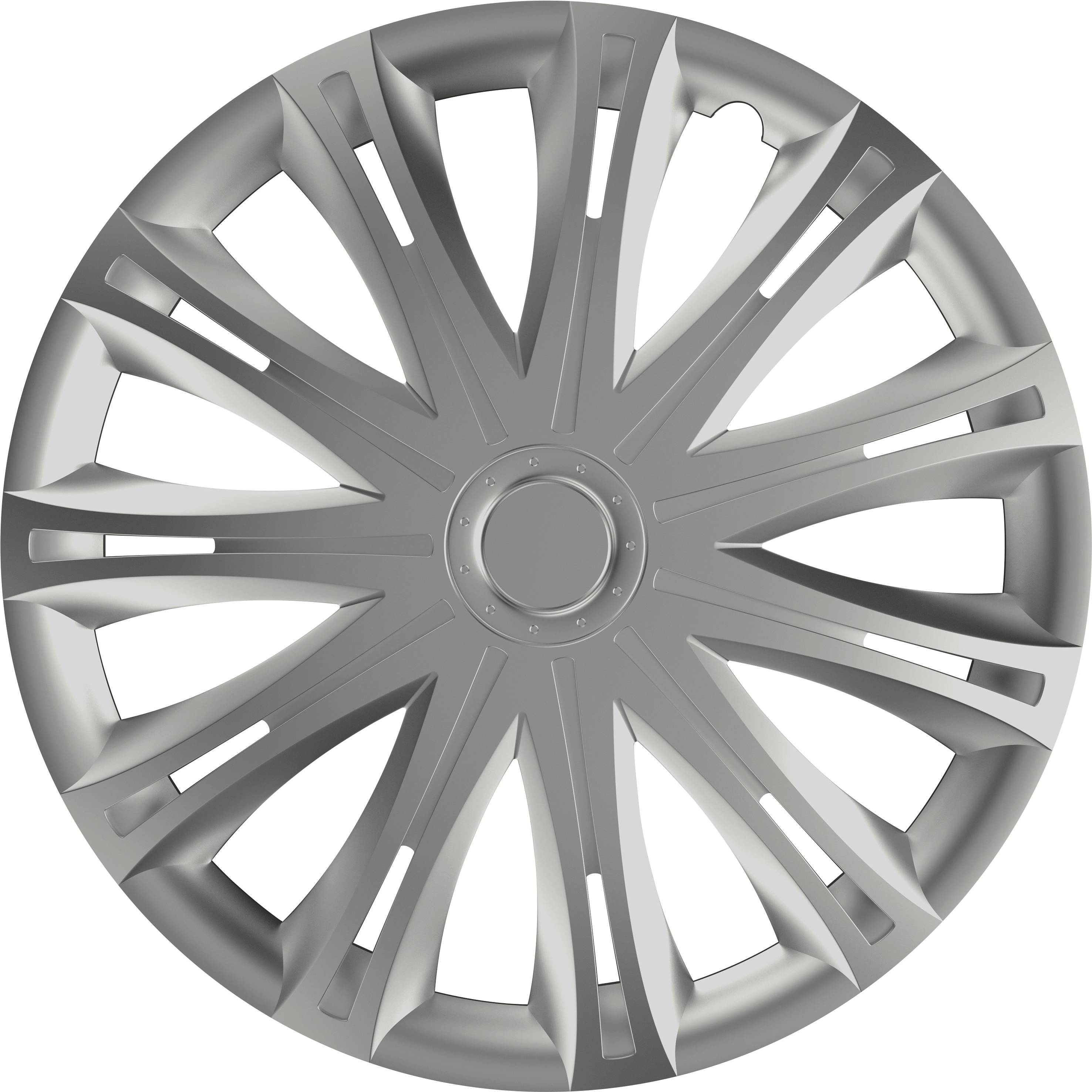 A stylised silver wheel trim with a radial design and light damage in two locations.