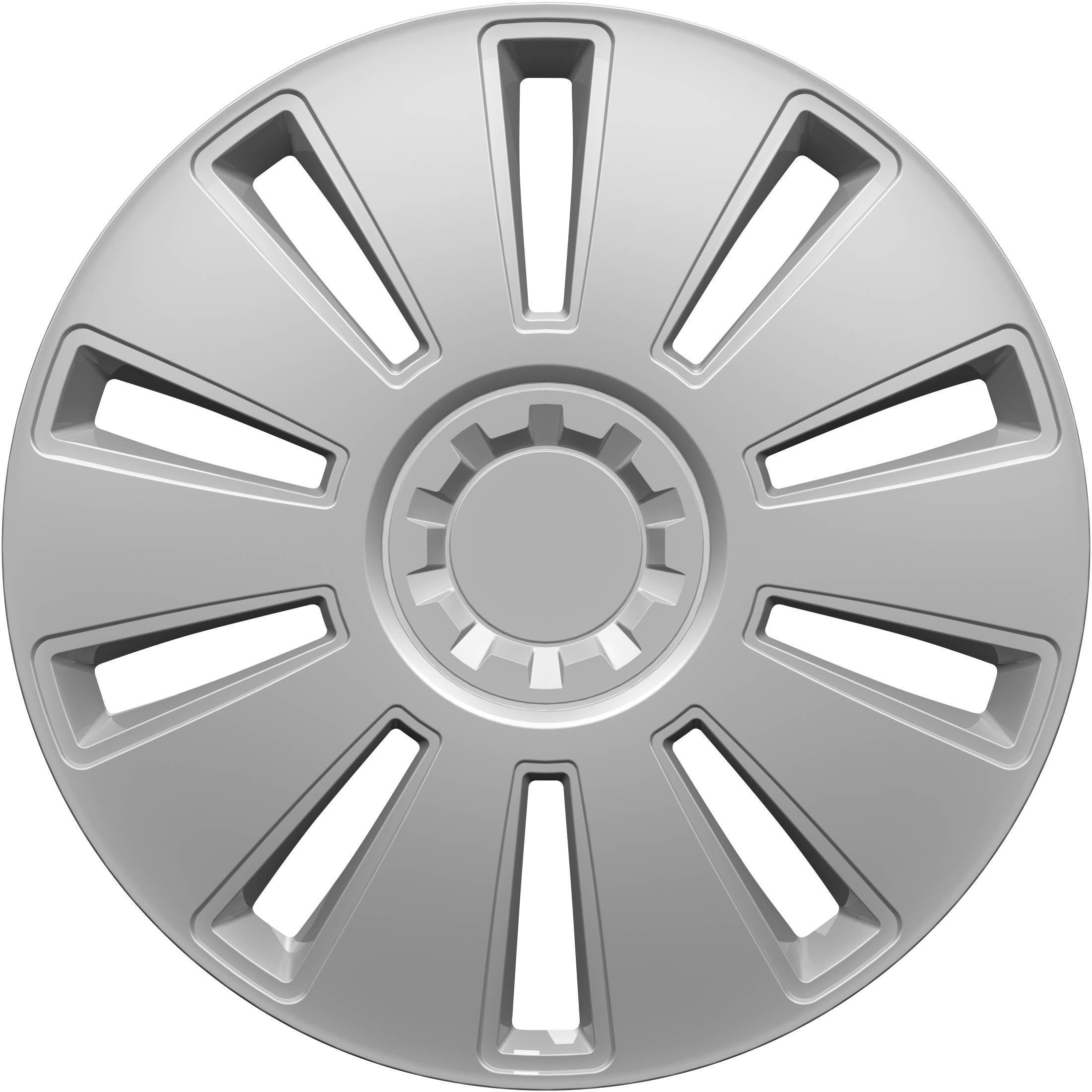 Close-up of a silver wheel hub cap with multiple rectangular openings symmetrically arranged around a central circle.