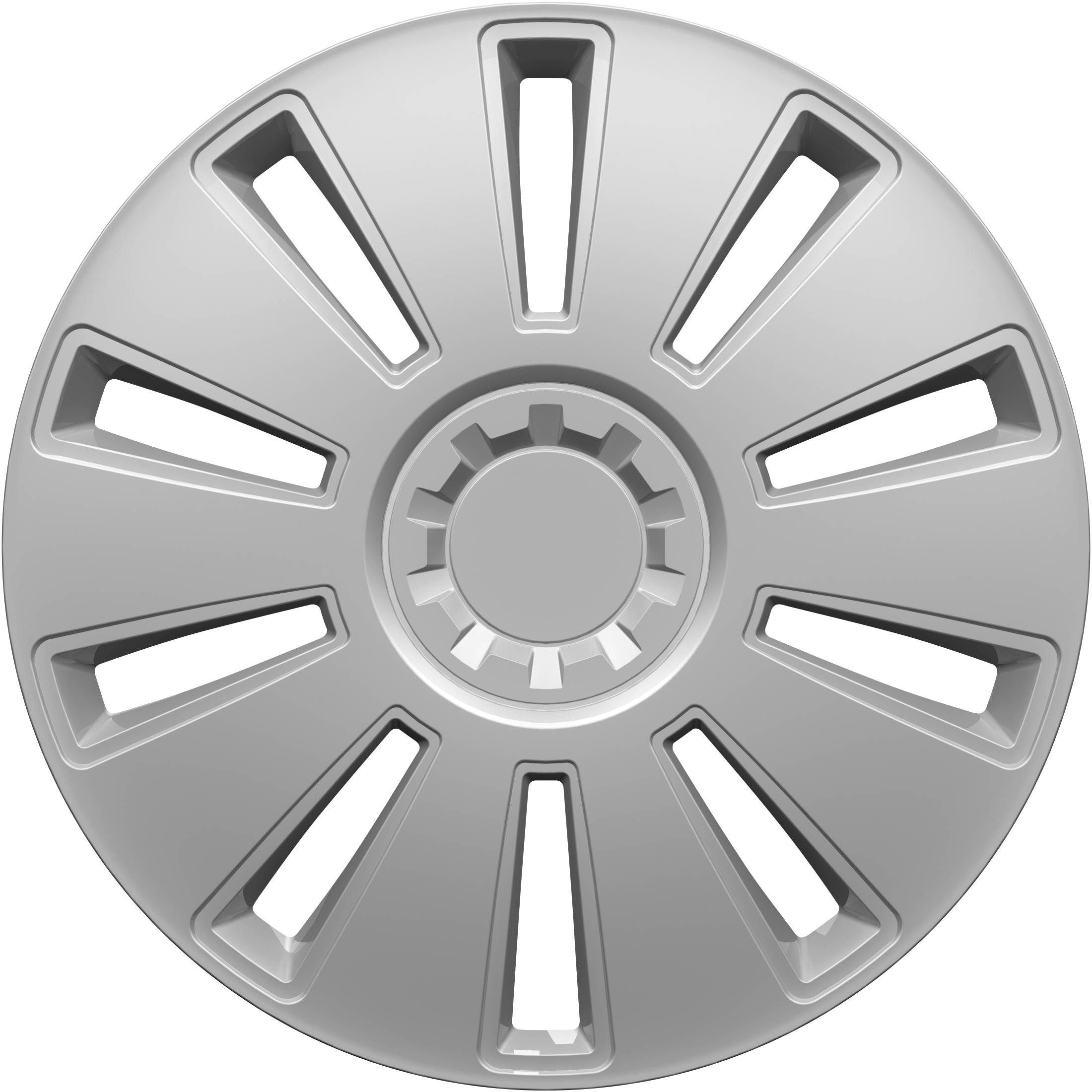 A silver wheel trim cover with eight elongated openings and a central circle, resembling a car component.