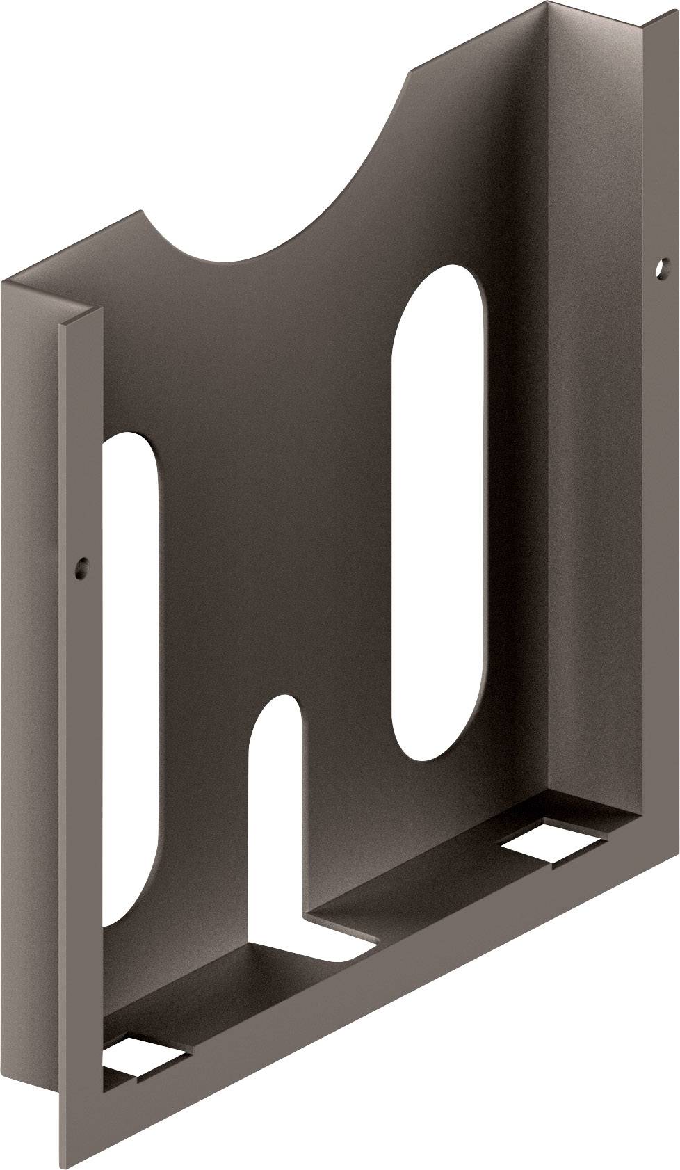 Metal mounting bracket with two oval and one semi-circular cutout, suitable for fixing to a surface.