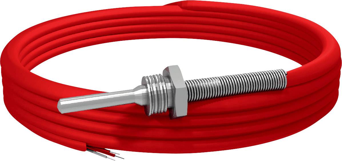 Red temperature sensor with metal threaded piece and connection cable, suitable for industrial applications.