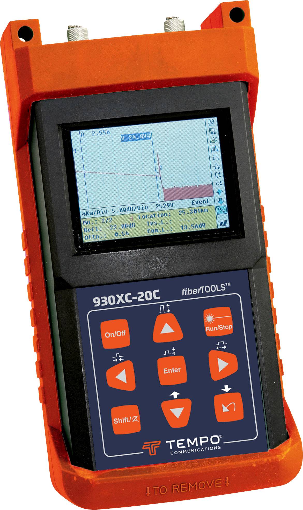 An orange measuring device with a screen displays a diagram. Beneath it are buttons for functions such as 'On' and 'Stop'.