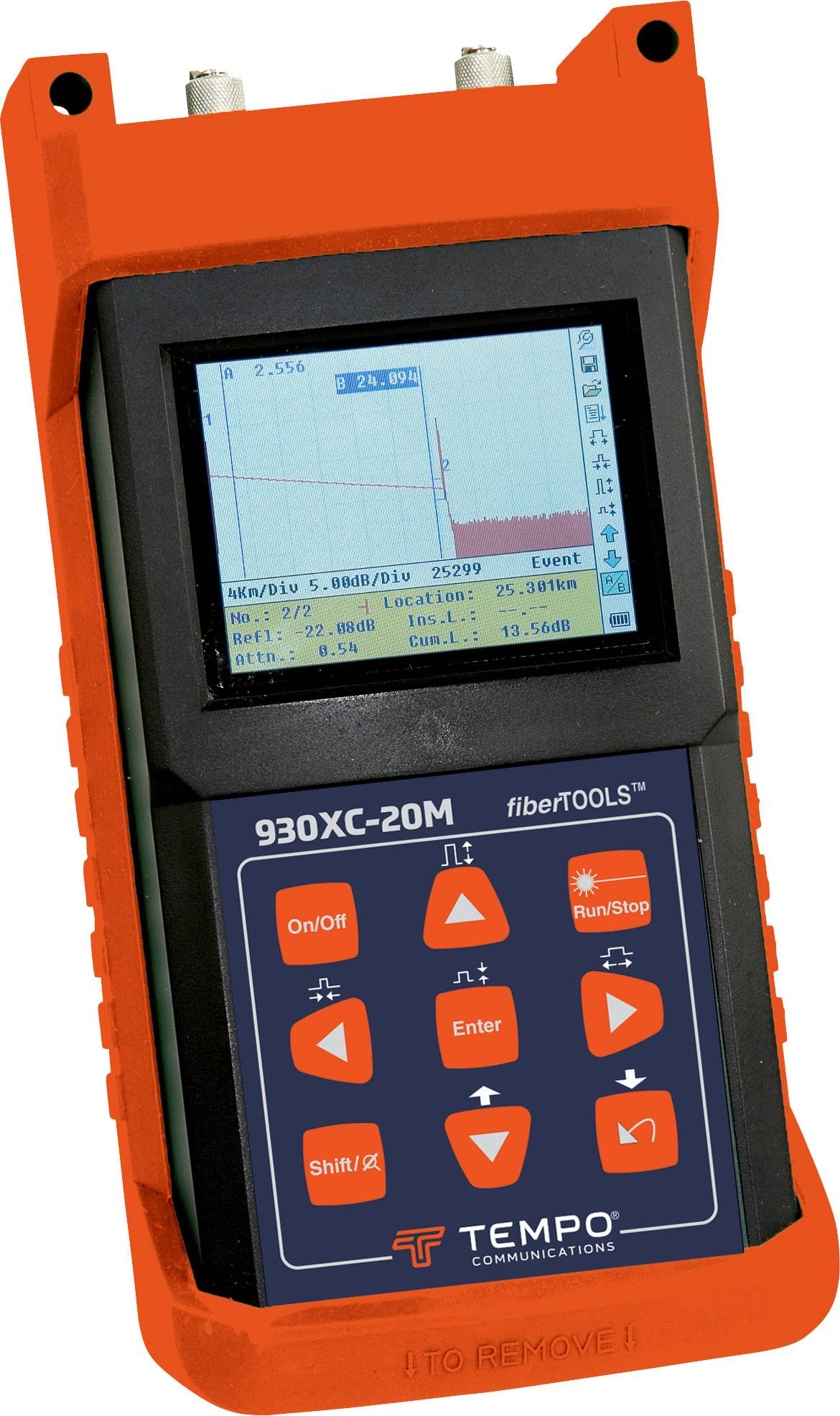 A handheld measuring device for measuring optical fibres, displaying a diagram on its screen. Buttons are located on the front panel.