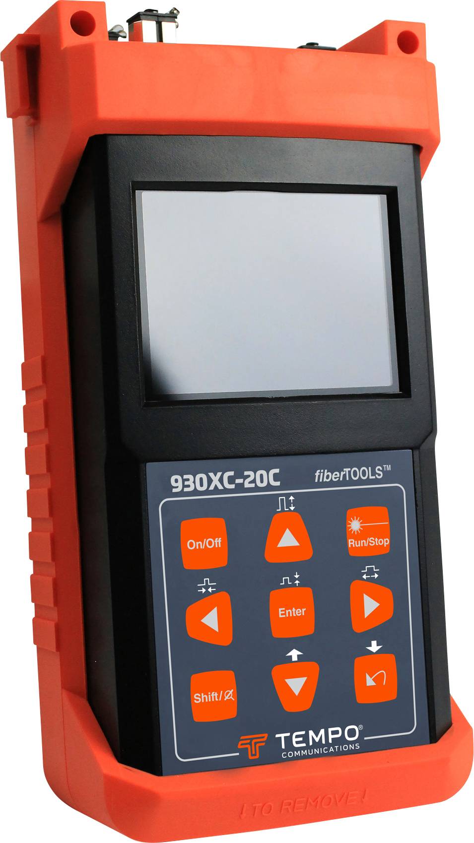 Handheld measuring device with display and control buttons, Model '930XC-20C' by Tempo Communications, primarily orange and black.