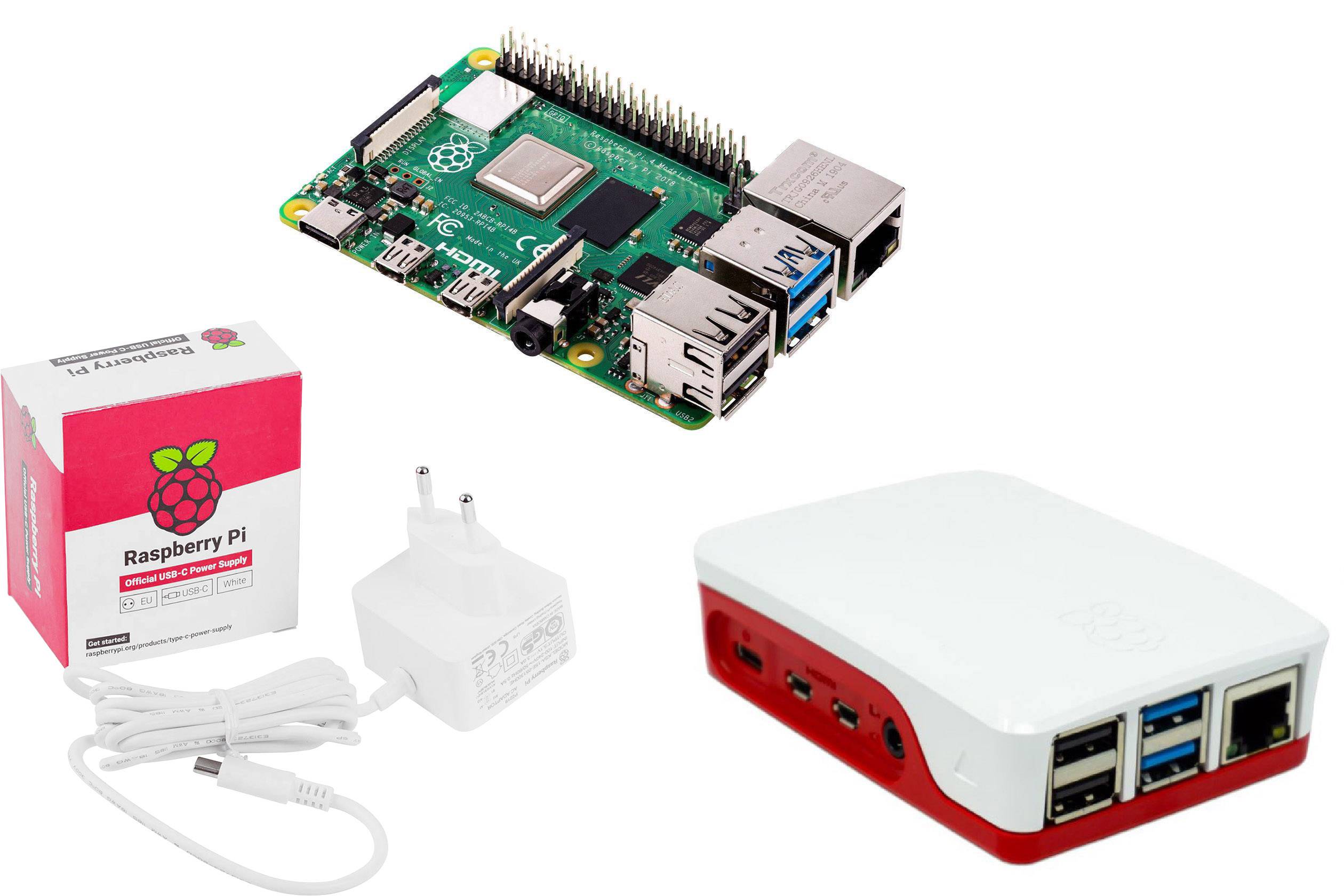 Raspberry Pi circuit board, case, and power supply pictured. Main components of a single-board computer system.