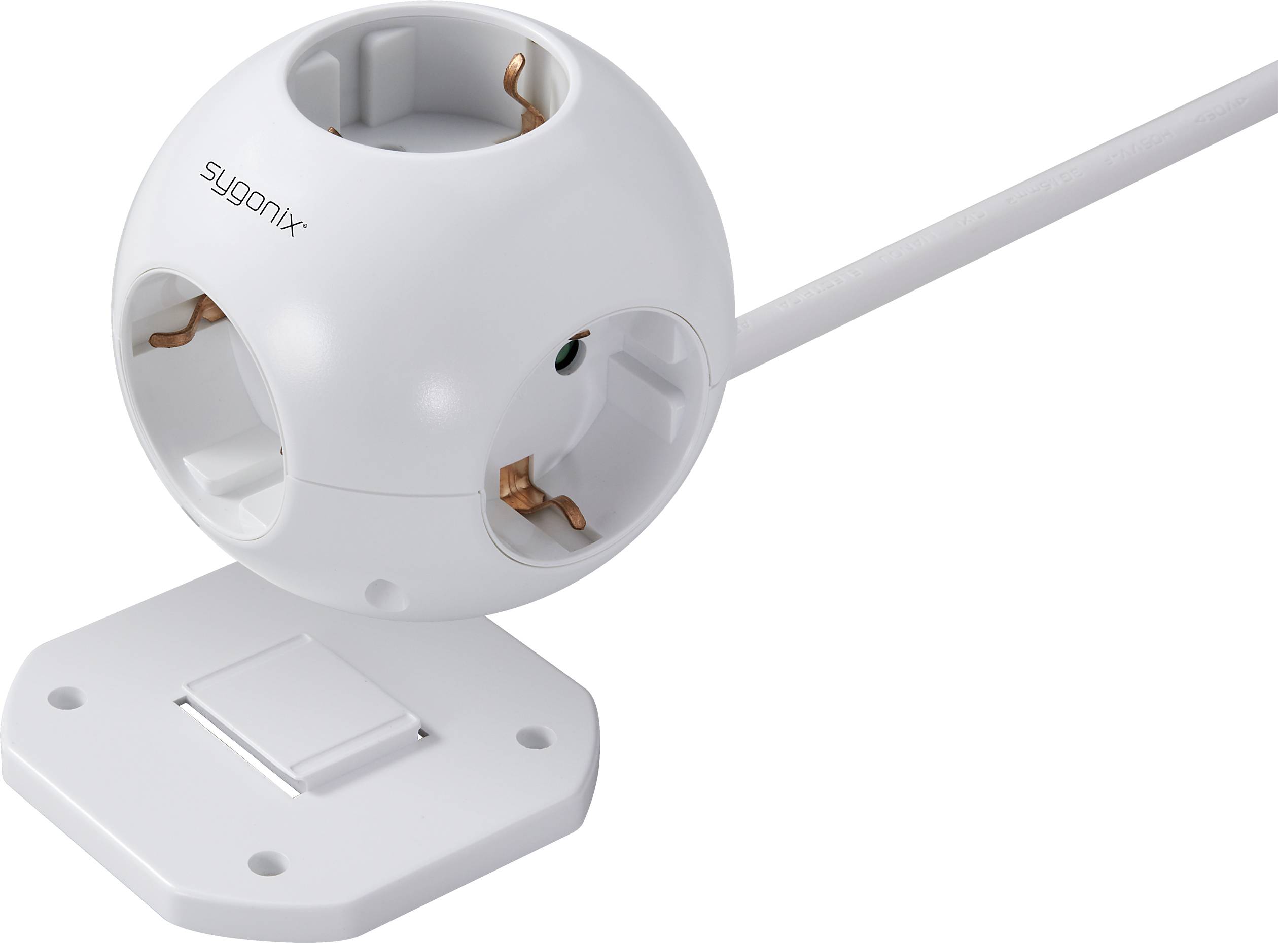 A white, round extension socket with three outlets and a cable, mounted on a flat, square base.
