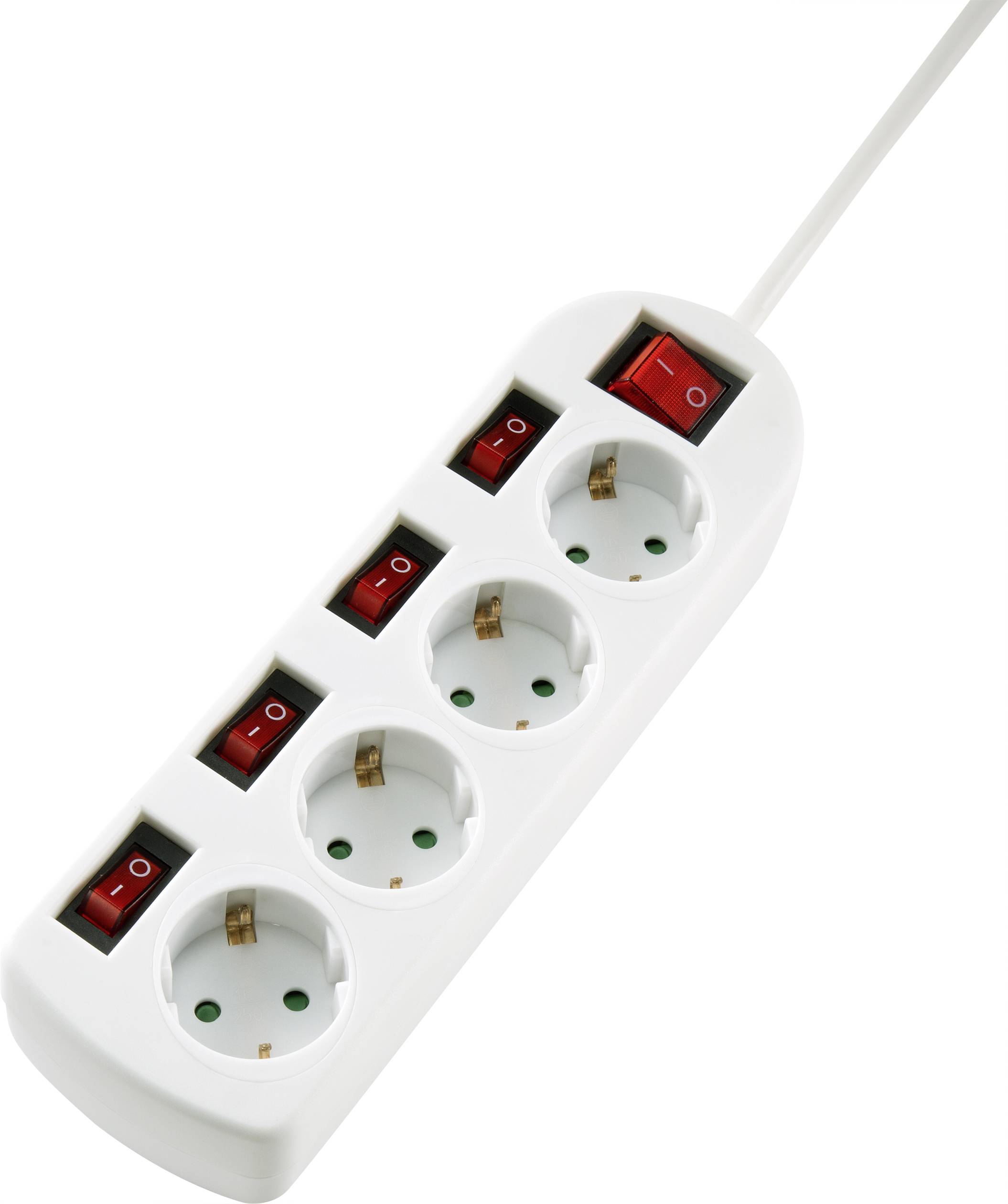 White multi-socket extension with five Schuko socket outlets, each fitted with an individual red on/off switch.