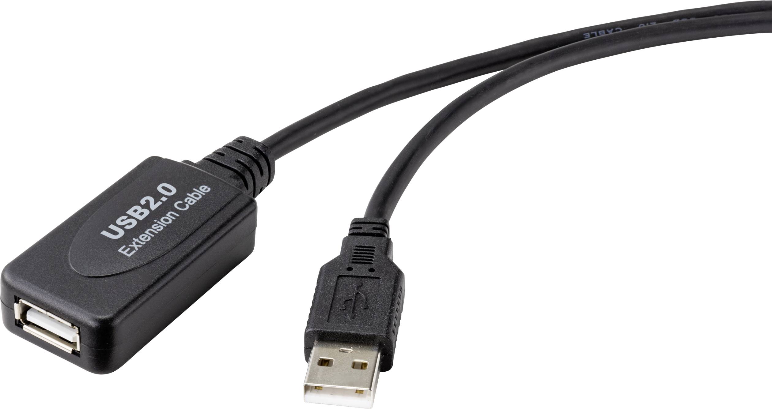 Black USB 2.0 extension cable with one plug and one socket to extend the reach of a USB connection.