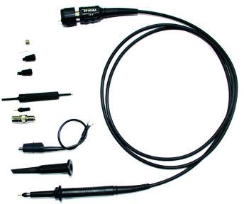 Oscilloscope probe set with various attachments and cables, for signal transmission and measurement in electronic applications.