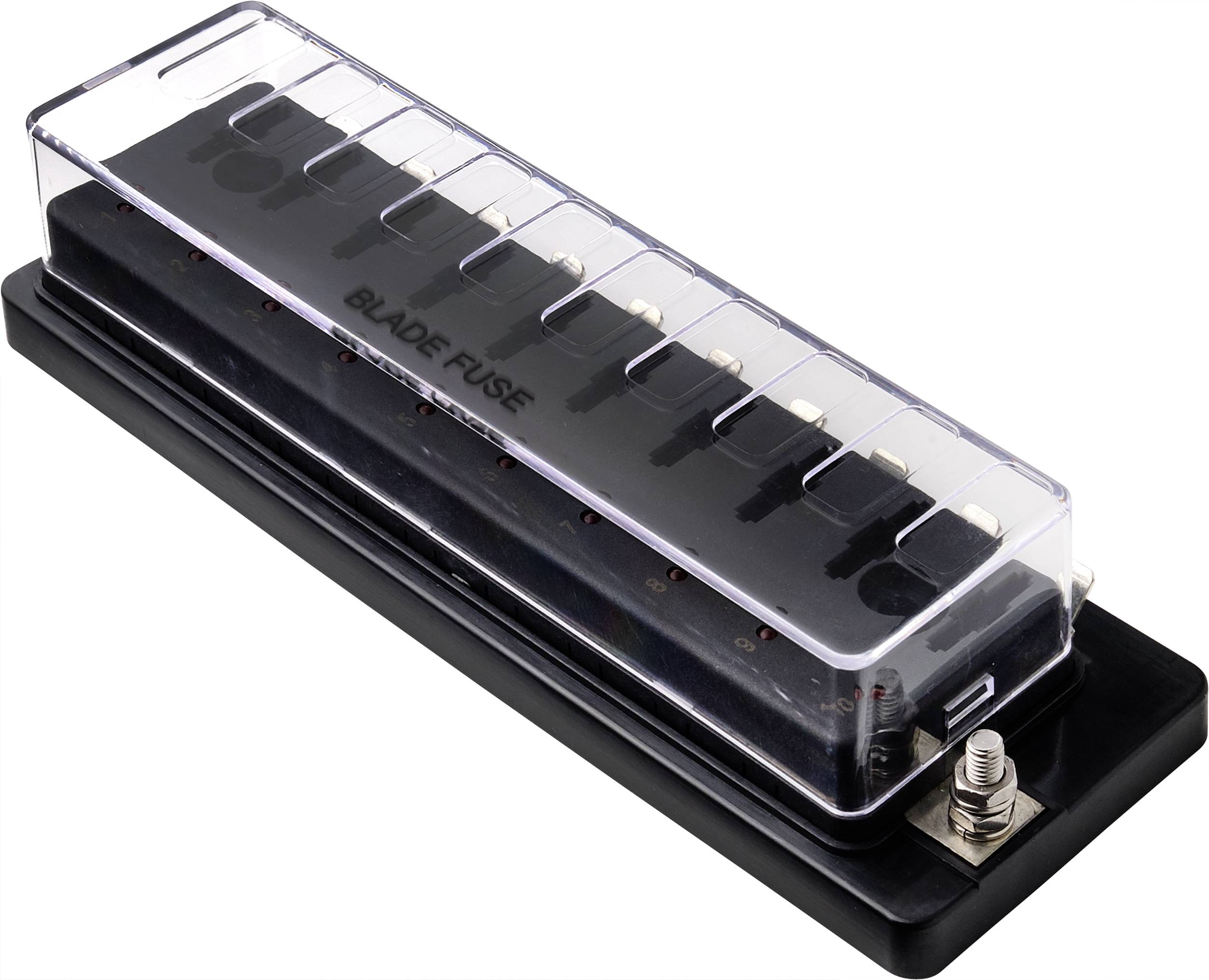 Safety fuse block with transparent lid, six slots for flat fuses, enables easy inspection and replacement.