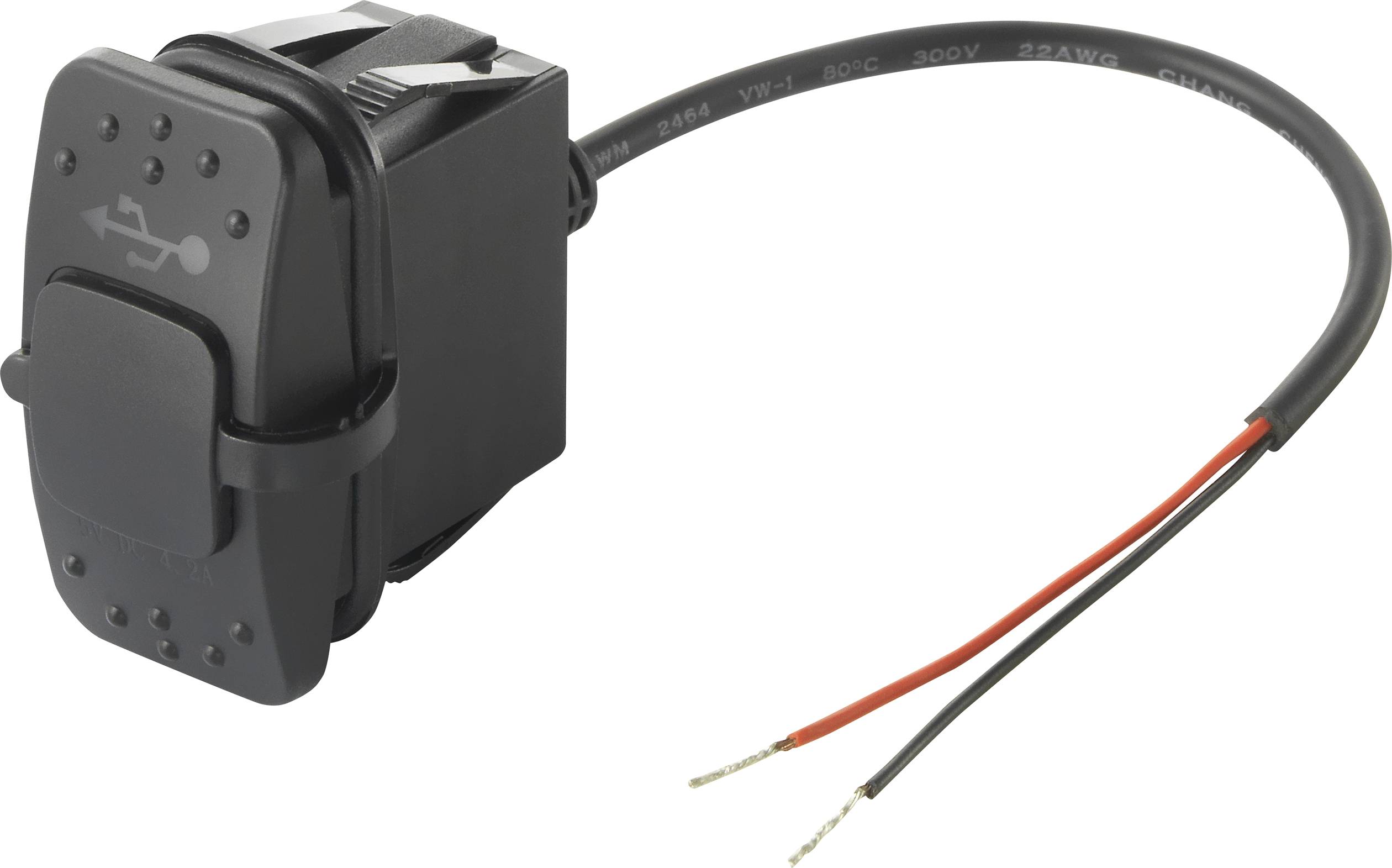 Black USB switch with cable and exposed wire end. On the left, the switch housing; on the right, two wire connections, red and black.