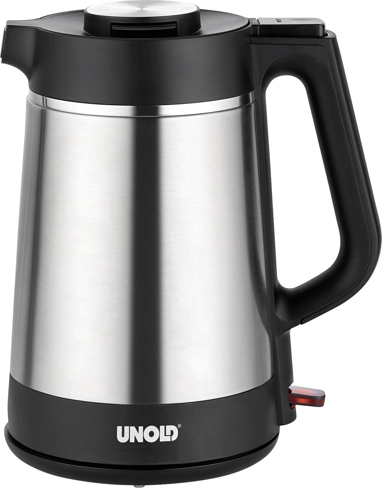 A silver and black kettle with a handle and spout. The 'UNOLD' brand is visible on the lower front.