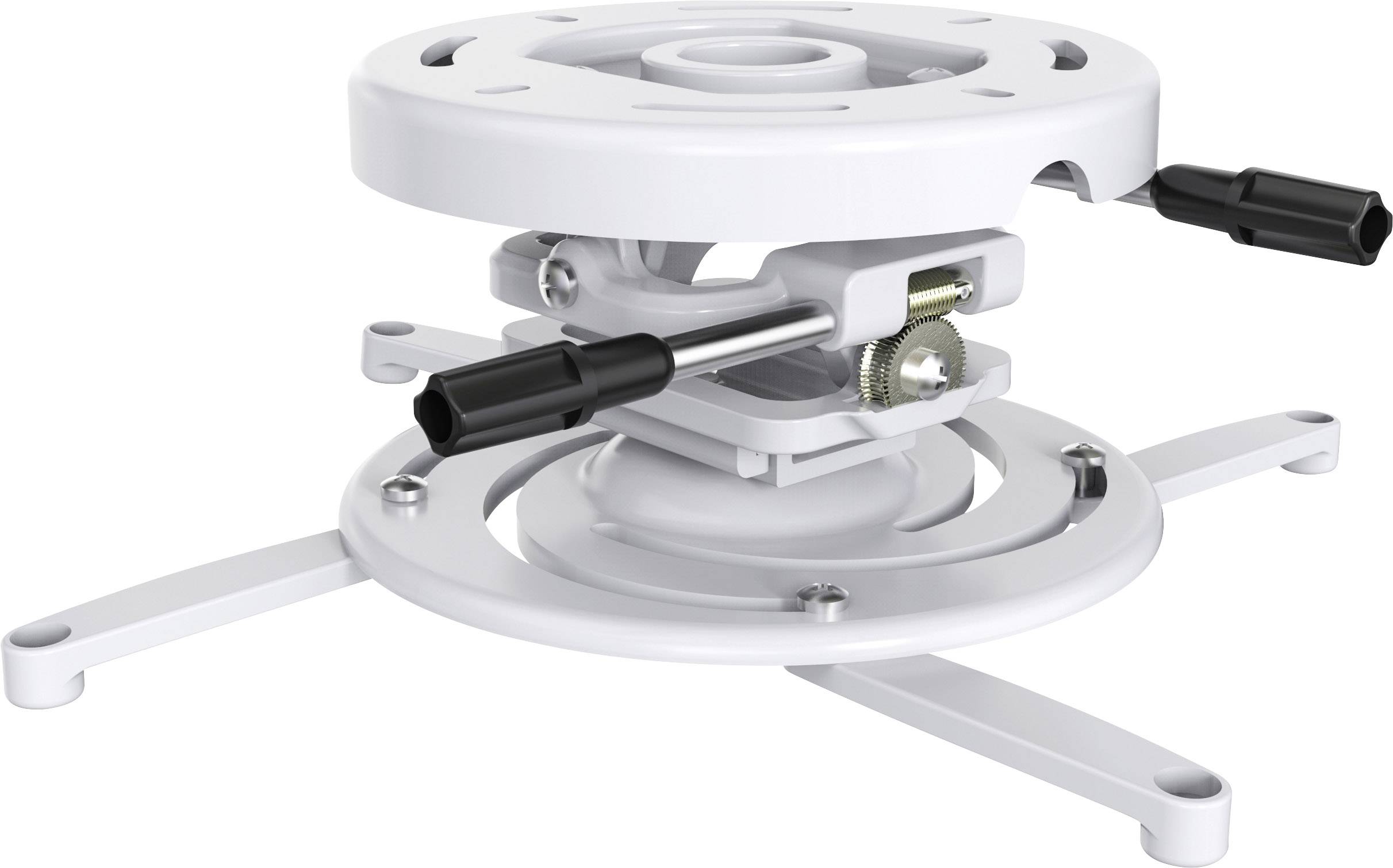 A white projector mount with adjustable arms and fixing screws, suitable for ceiling mounting of projectors.
