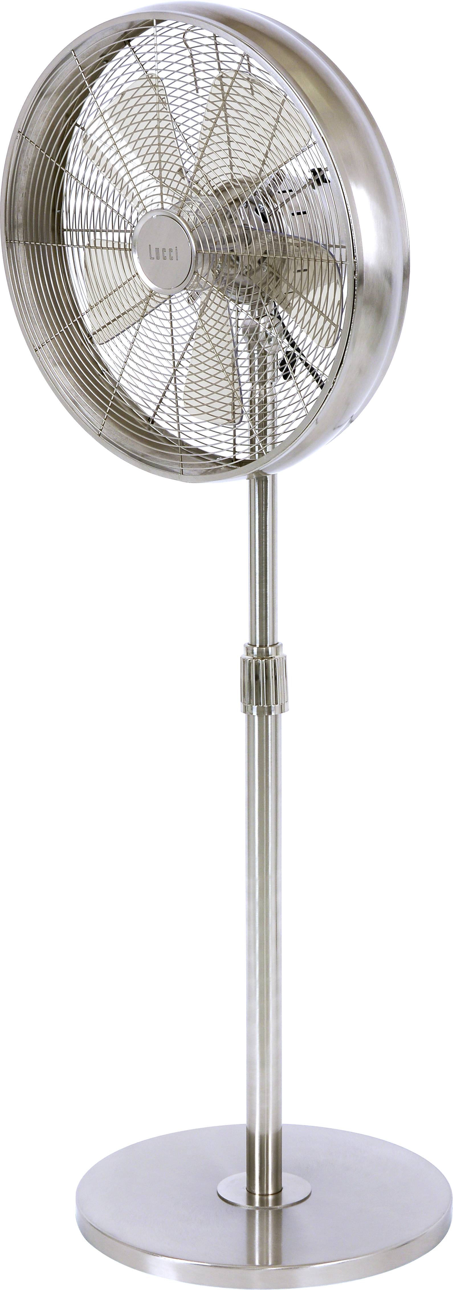 A metallic pedestal fan with an adjustable stand, displaying fan blades behind a protective grille. Suitable for room cooling.