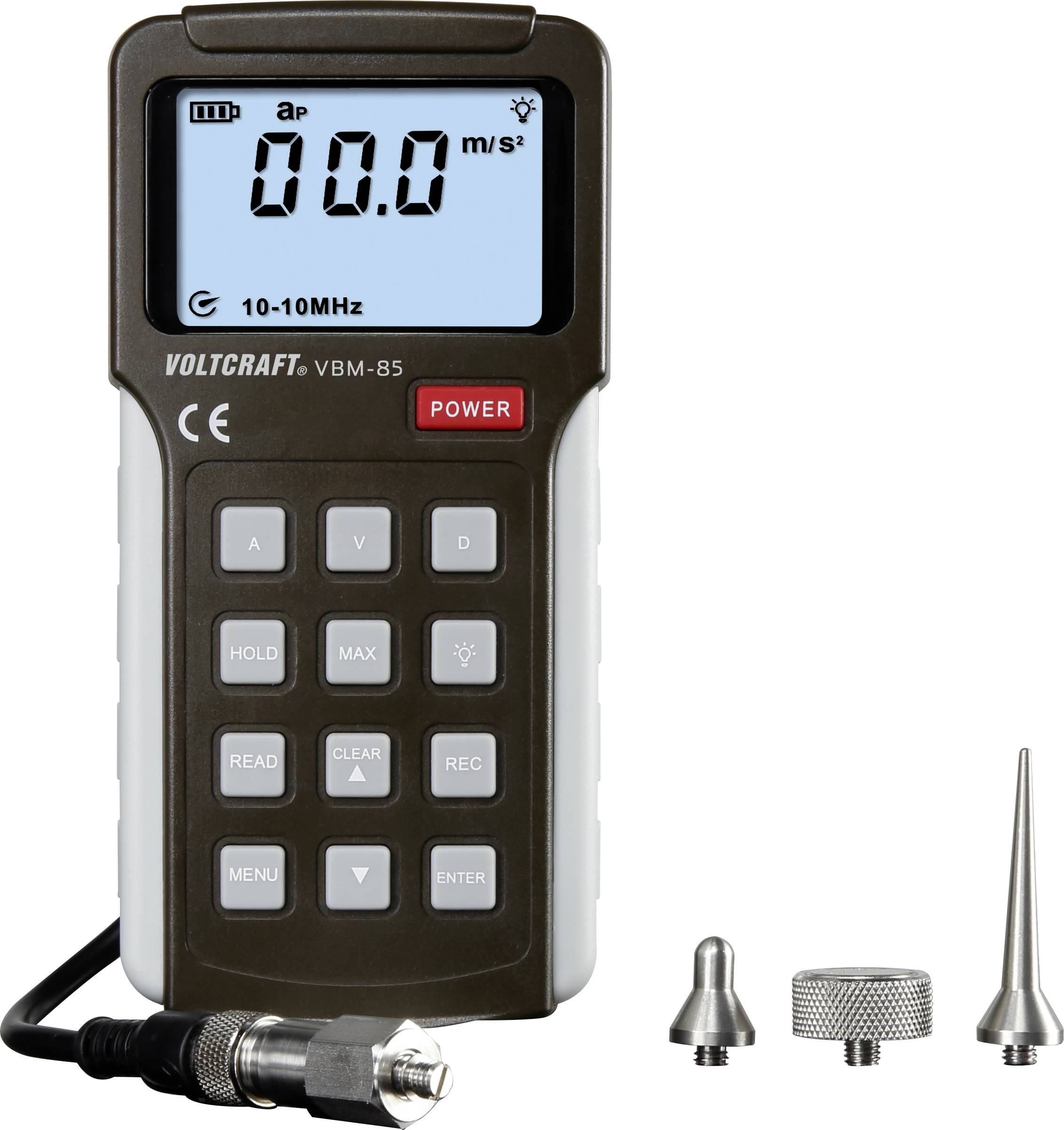 Hand-held measuring device with digital display showing '0.0'. Buttons positioned underneath. Three interchangeable measuring tips beside it.