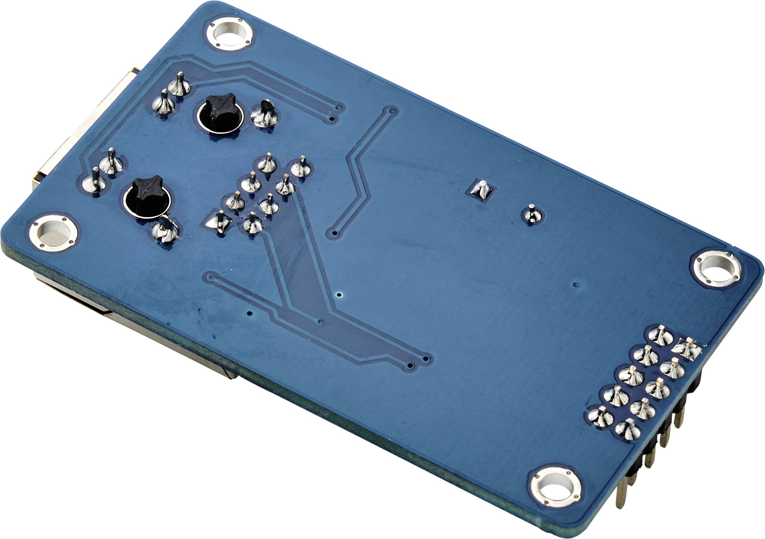 Back of a blue electronic circuit board with visible solder points and connector pins on the side.