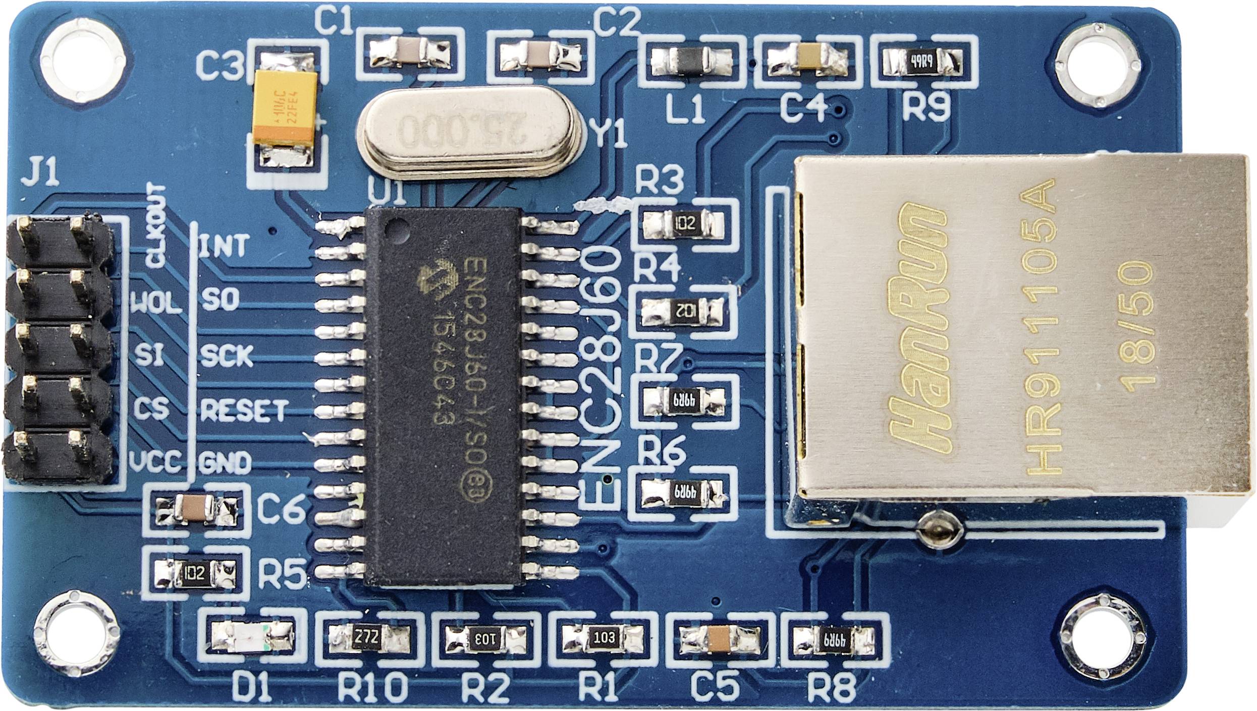 'ENC28J60 Ethernet Module' with integrated circuits and capacitors on a blue printed circuit board. Used for network connections in electronic projects.