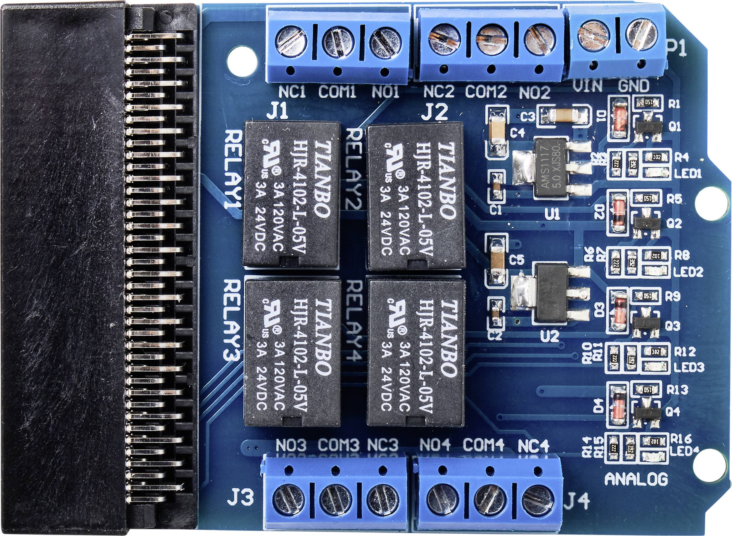 Circuit board with four blue relays and multi-coloured terminal blocks, suitable for controlling electrical devices.