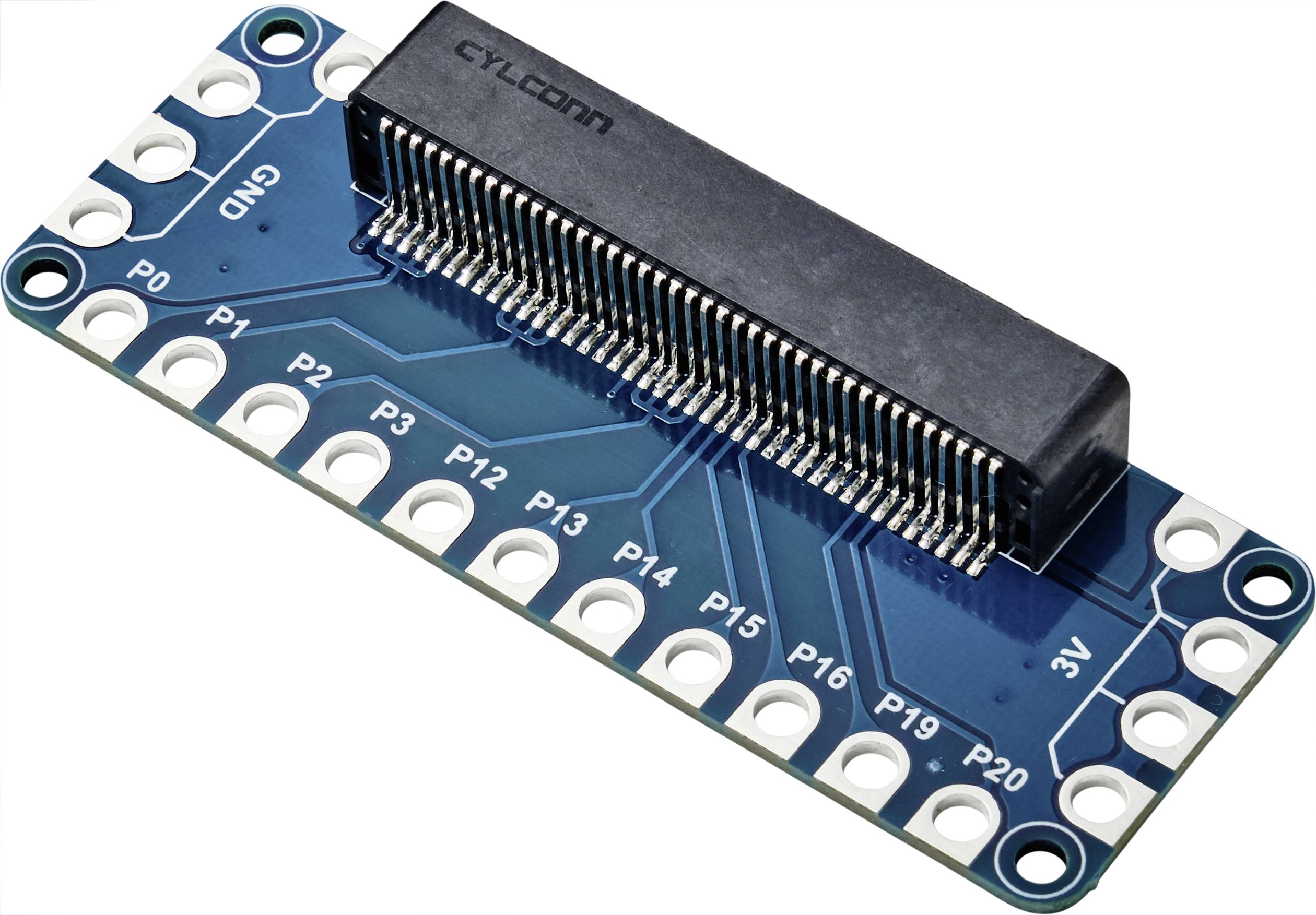 A blue electronic circuit board with a black connector in the centre. Labelled with 'GND', '3V3' and pins 'P0' to 'P20'.