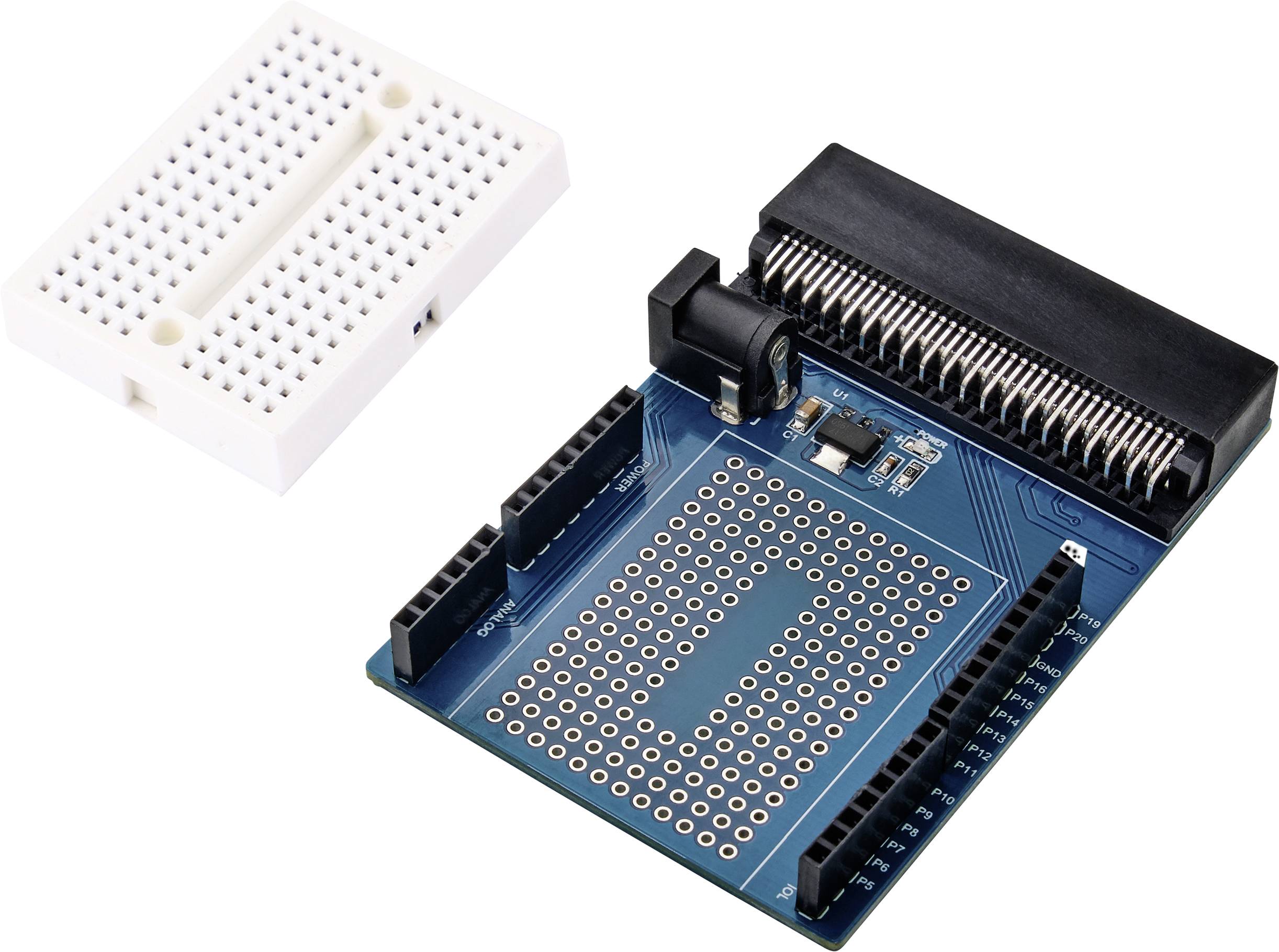 Breadboard and expansion board with pins and connectors, for use in electronics projects and prototype development.