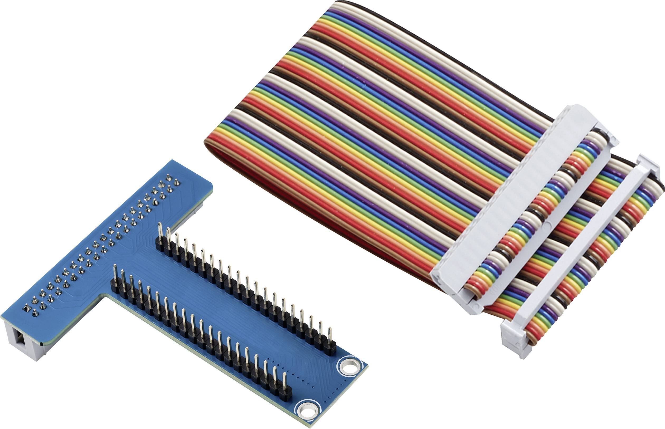 A colourful flat ribbon cable with a blue connector, used for electronic circuits and connections.