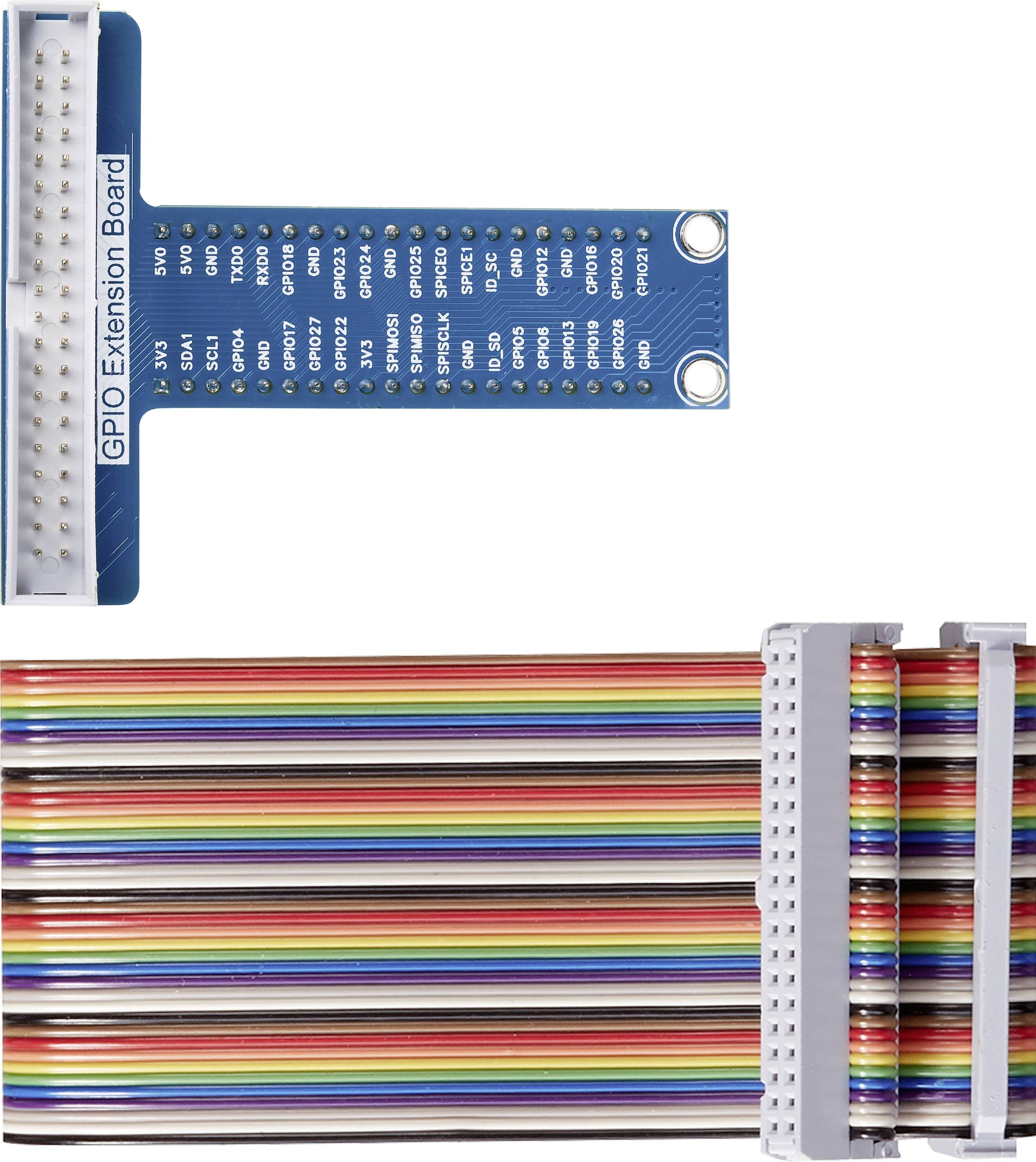 A blue GPIO expansion board with white contacts is connected via a multicoloured flat ribbon cable, which is shown below.