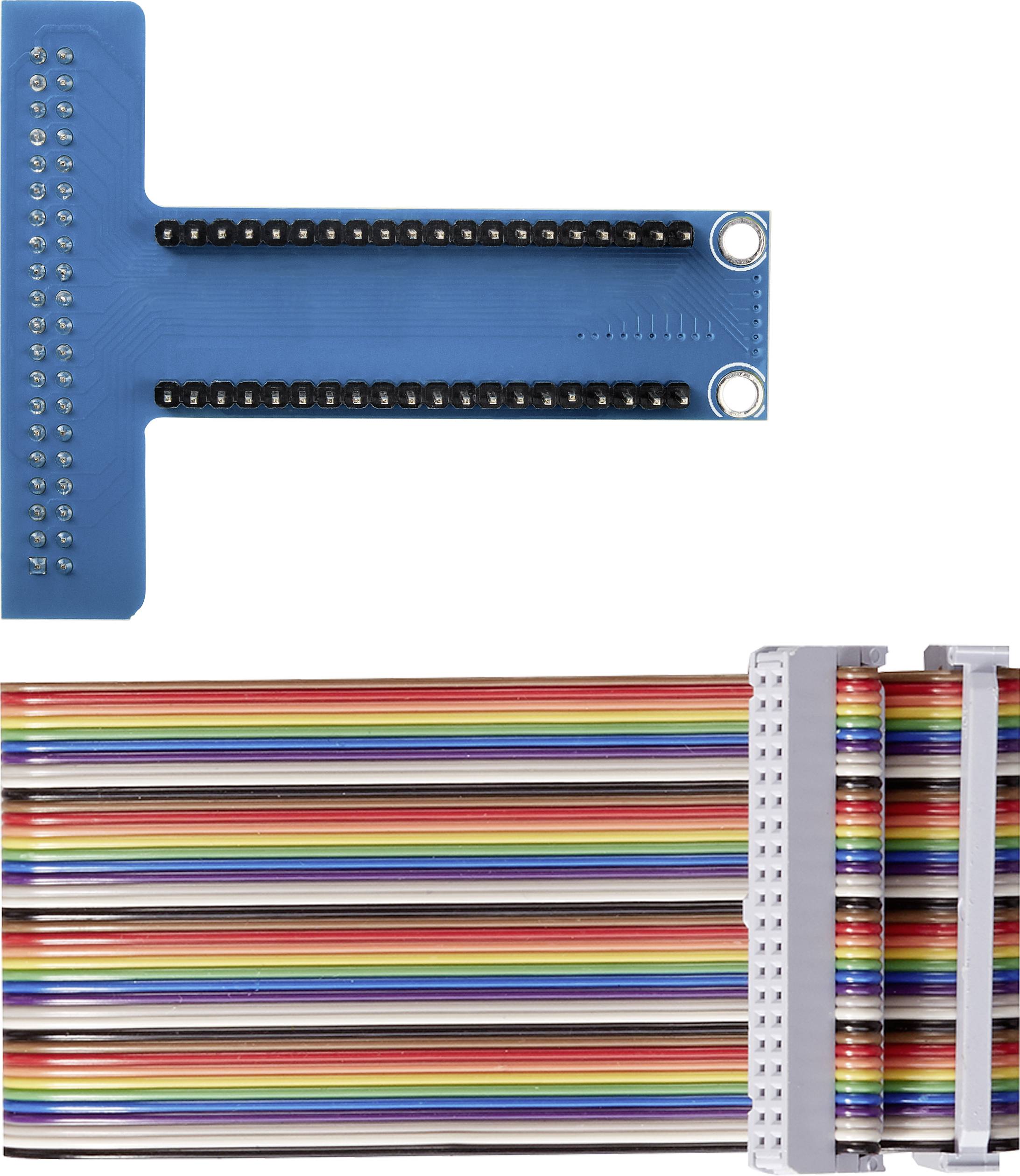 Flat, blue circuit board with a 40-pin connector at the top; colourful flat ribbon cables with 40 contacts at the bottom, ready to connect.